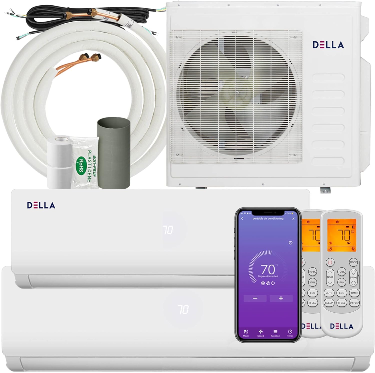 DELLA 36K BTU ODU 2 Dual Zone 12000 18000 BTU Wifi Mini Split AC & Heat Pump Work with Alexa, 19 SEER2 208-230V Cools Up to 1550 Sq.Ft, Ductless Pre-Charged Inverter System, 16ft Installation Kits