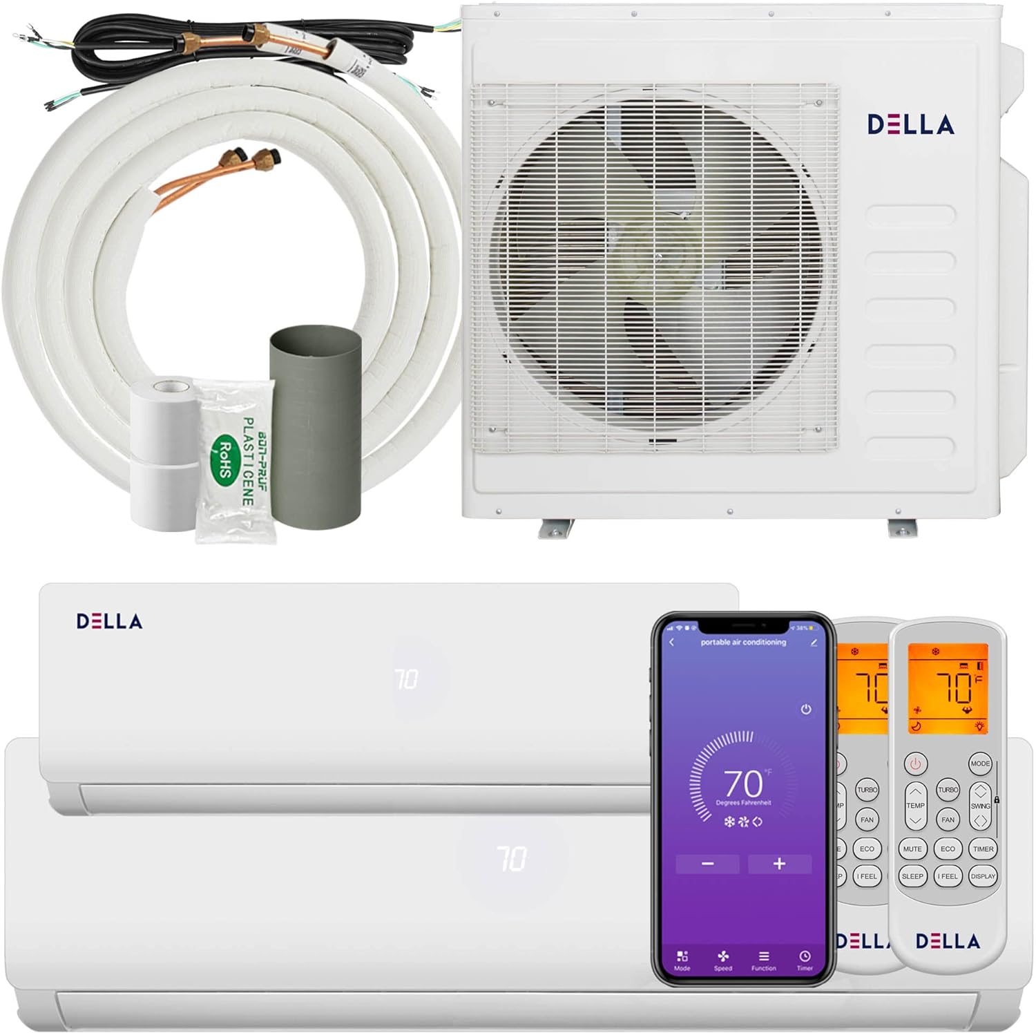 DELLA 36K BTU ODU 2 Dual Zone 9000 24000 BTU Wifi Mini Split Air Conditioner Work with Alexa,19 SEER2 208-230V Cools Up to 1900 Sq.Ft 2 Room Ductless Pre-Charged Heat Pump with 16ft Installation Kits