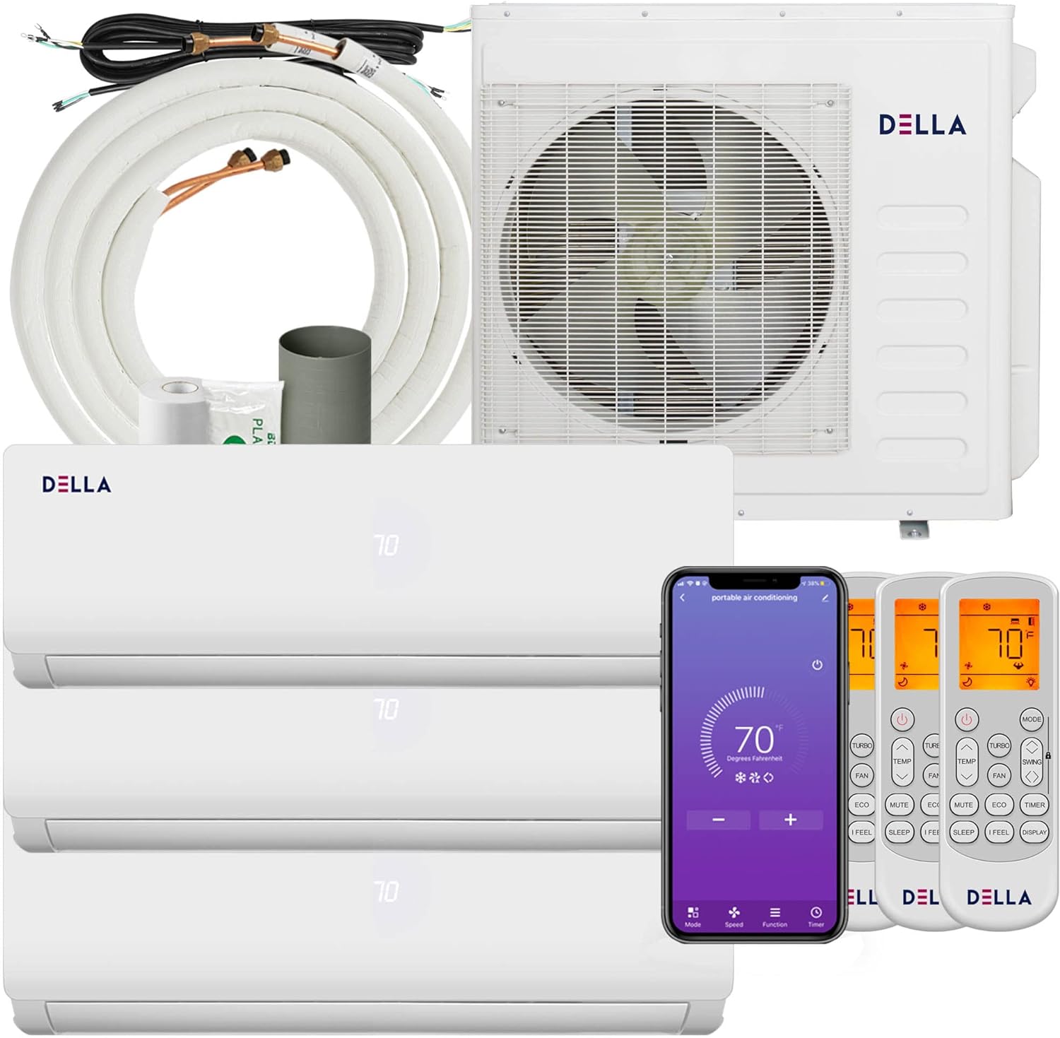 Della 36K BTU ODU Tri 3 Zone 9K 12K 12K BTU 19 SEER2 208-230V Cools Up to 1500 Sq.Ft, Works with Alexa, Wifi Energy Efficient Multi Zone Mini Split Air Conditioner Pre-Charged Heat Pump Full Set