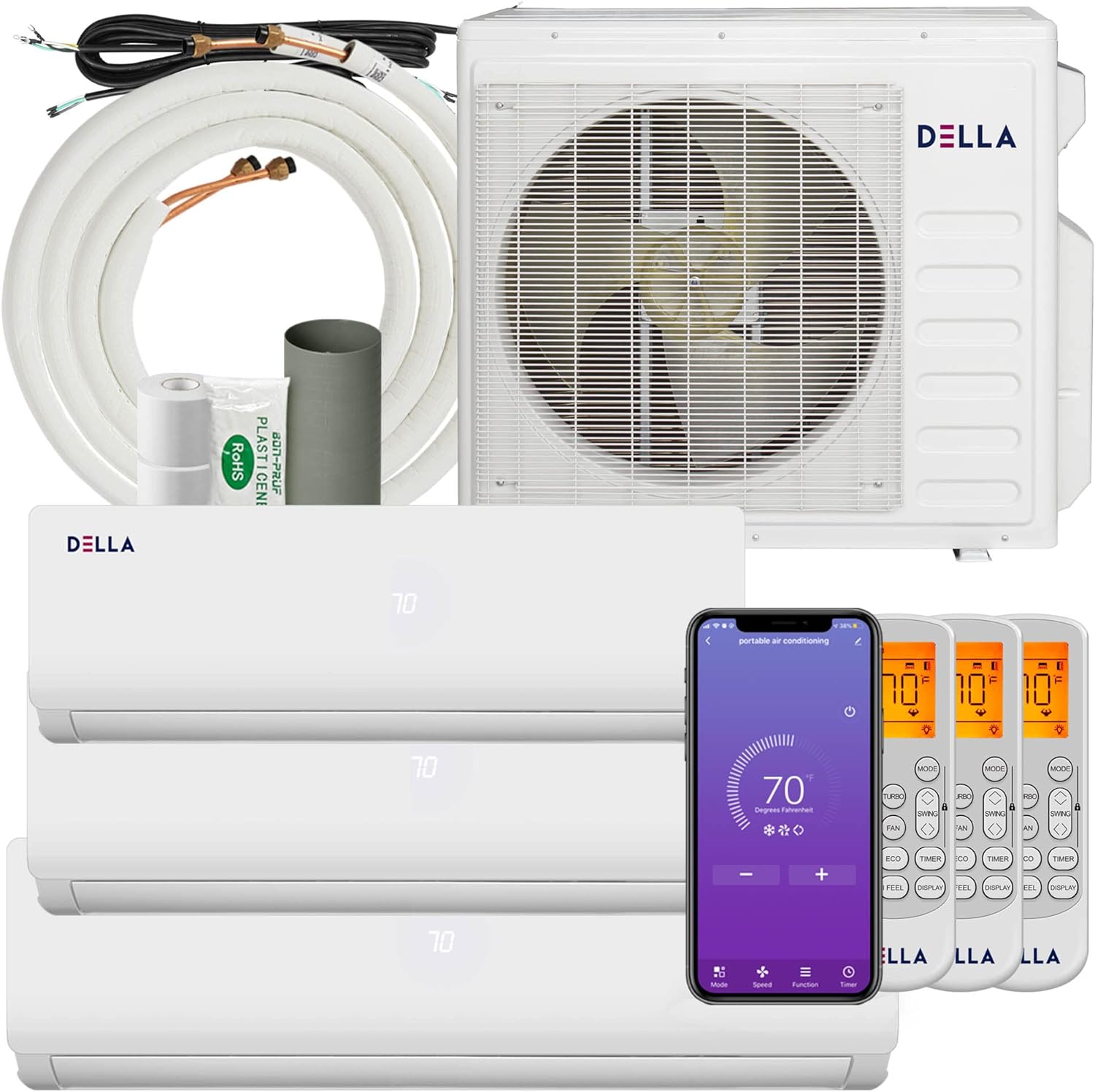 Della 27K BTU ODU Tri 3 Zone 9K 9K 18K BTU 19 SEER2 208-230V Cools Up to 1800 Sq.Ft, Works with Alexa, Wifi Energy Efficient Multi Zone Mini Split Air Conditioner Pre-Charged Heat Pump Full Set