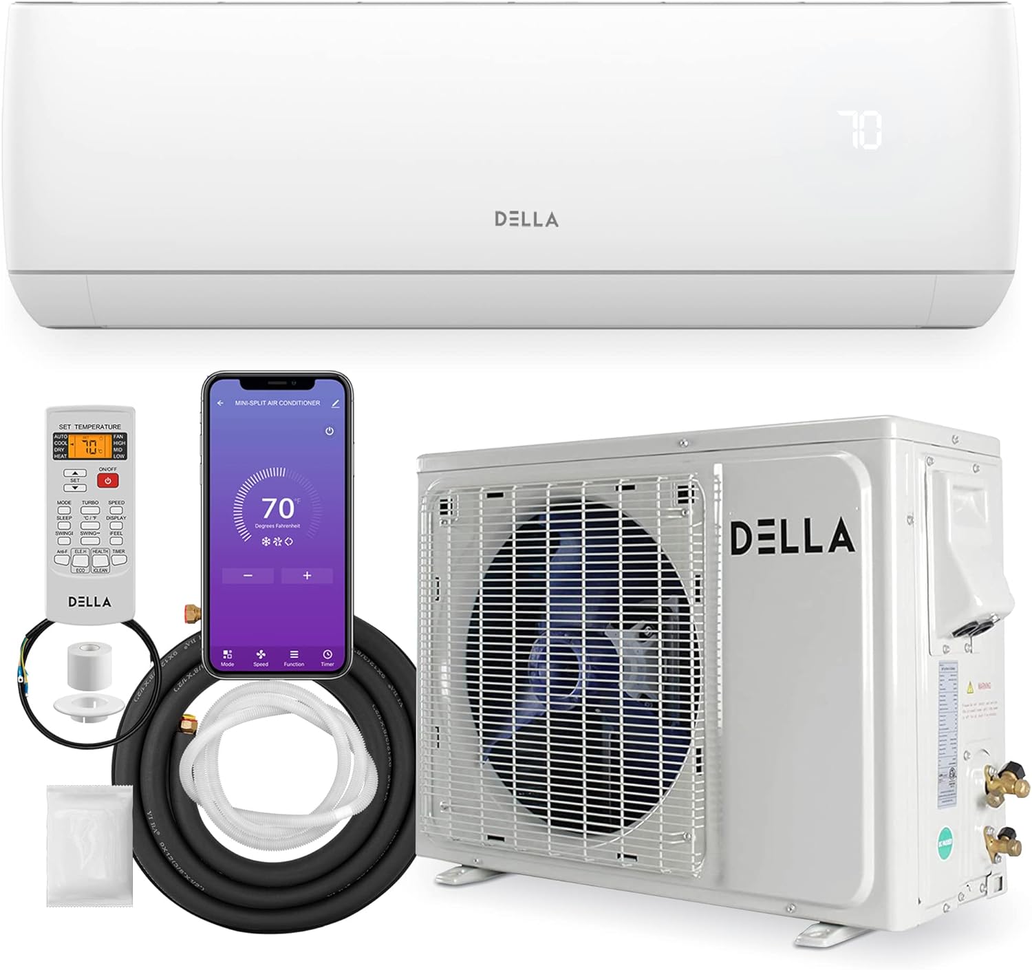 DELLA 18000 BTU Wifi Enabled Mini Split 19 SEER2 Cools Up to 1000 Sq.Ft, 208-230V, Works with Alexa, Air Conditioner & Heater with 1.5 Ton Pre-Charged Heat Pump (R32 Refrigerant) (JA Series)