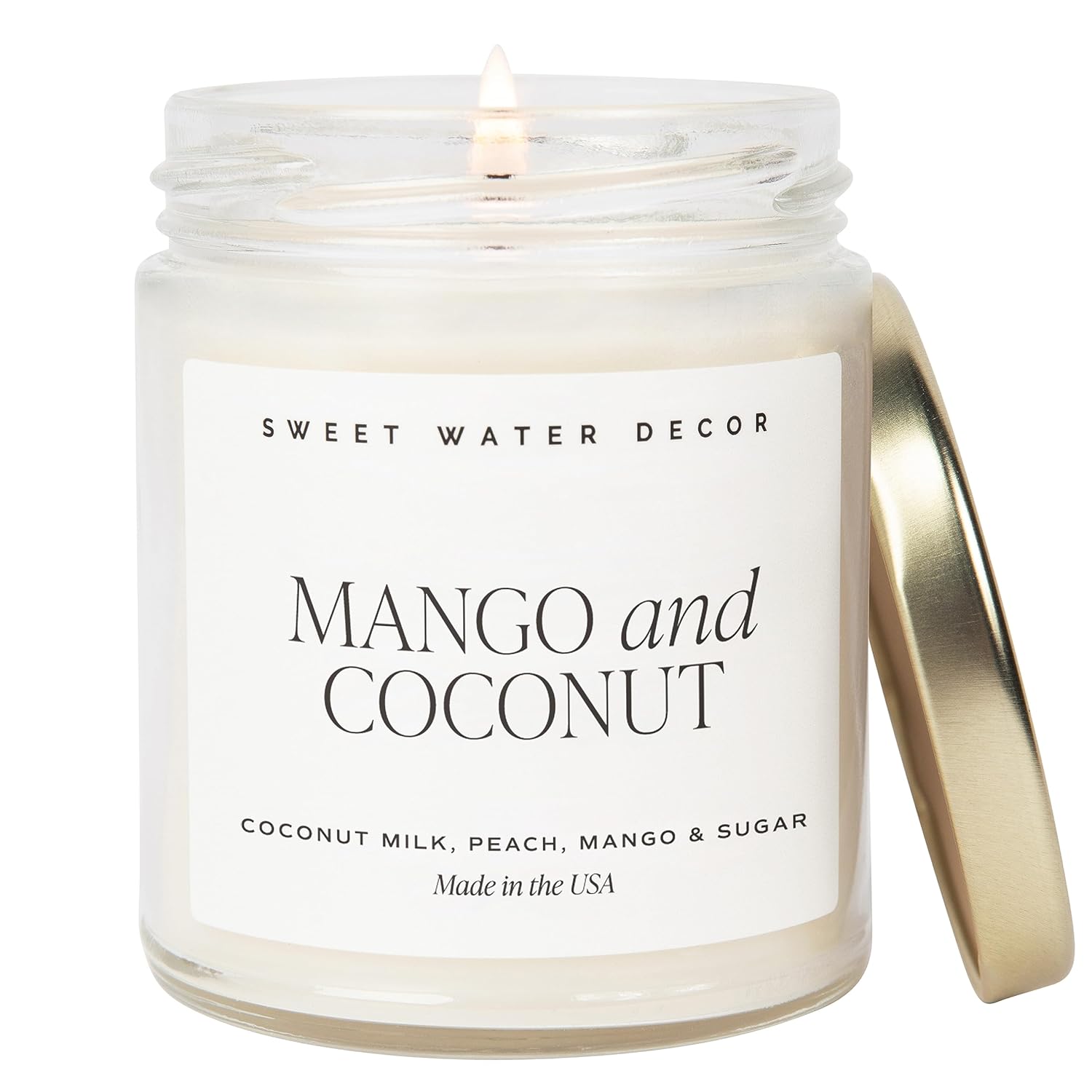 Sweet Water Decor Mango & Coconut Soy Candle - Pineapple, Mango and Orange Scented Summer Candles for Home - 9oz Clear Jar   Gold Lid, 40  Hour Burn Time, Made in the USA