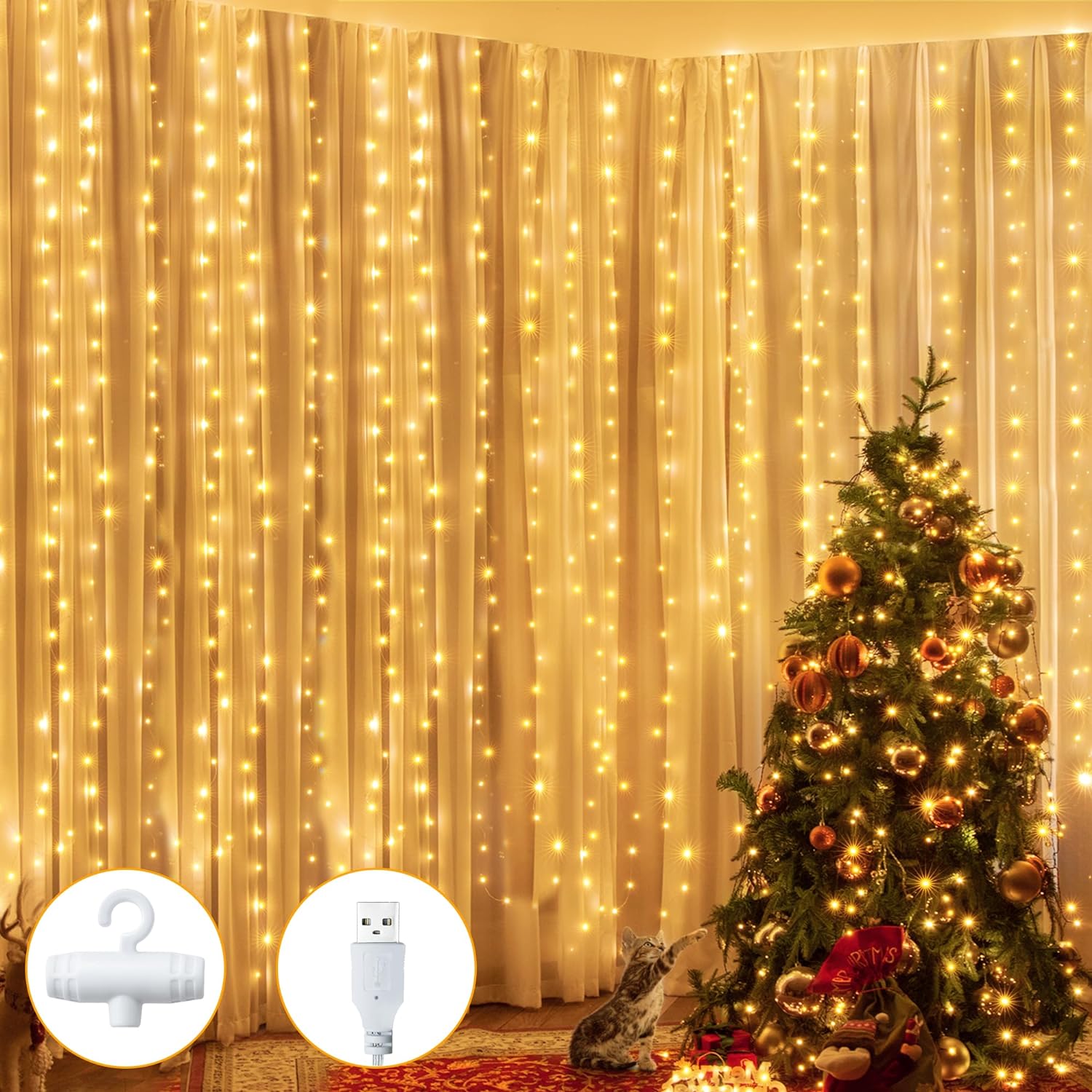 Ollny Fairy Lights Curtain 200 LED 6.6x6.6ft, USB Warm White Hanging Lights with Hook, Waterproof Window Lights for Bedroom Backdrop Wall Outdoor Indoor Backdrop Decoration