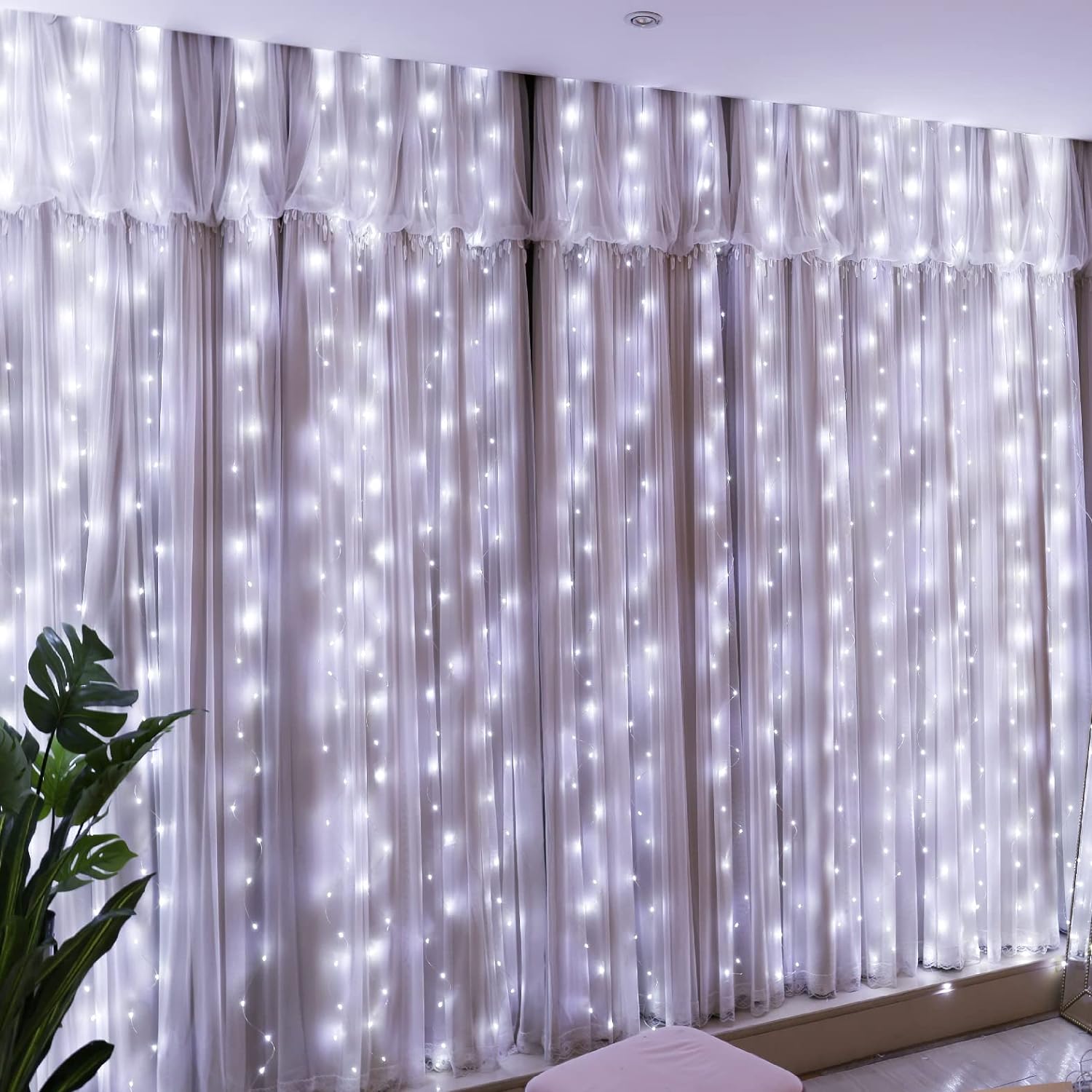 HXWEIYE 300LED Fairy Curtain Light (Upgrade Two Kinds of Light Clips) with Remote 8 Modes Times9.8x9.8Ft White USB Plug-in Christmas Hanging String Light for Bedroom, Parties, Walls, Windows