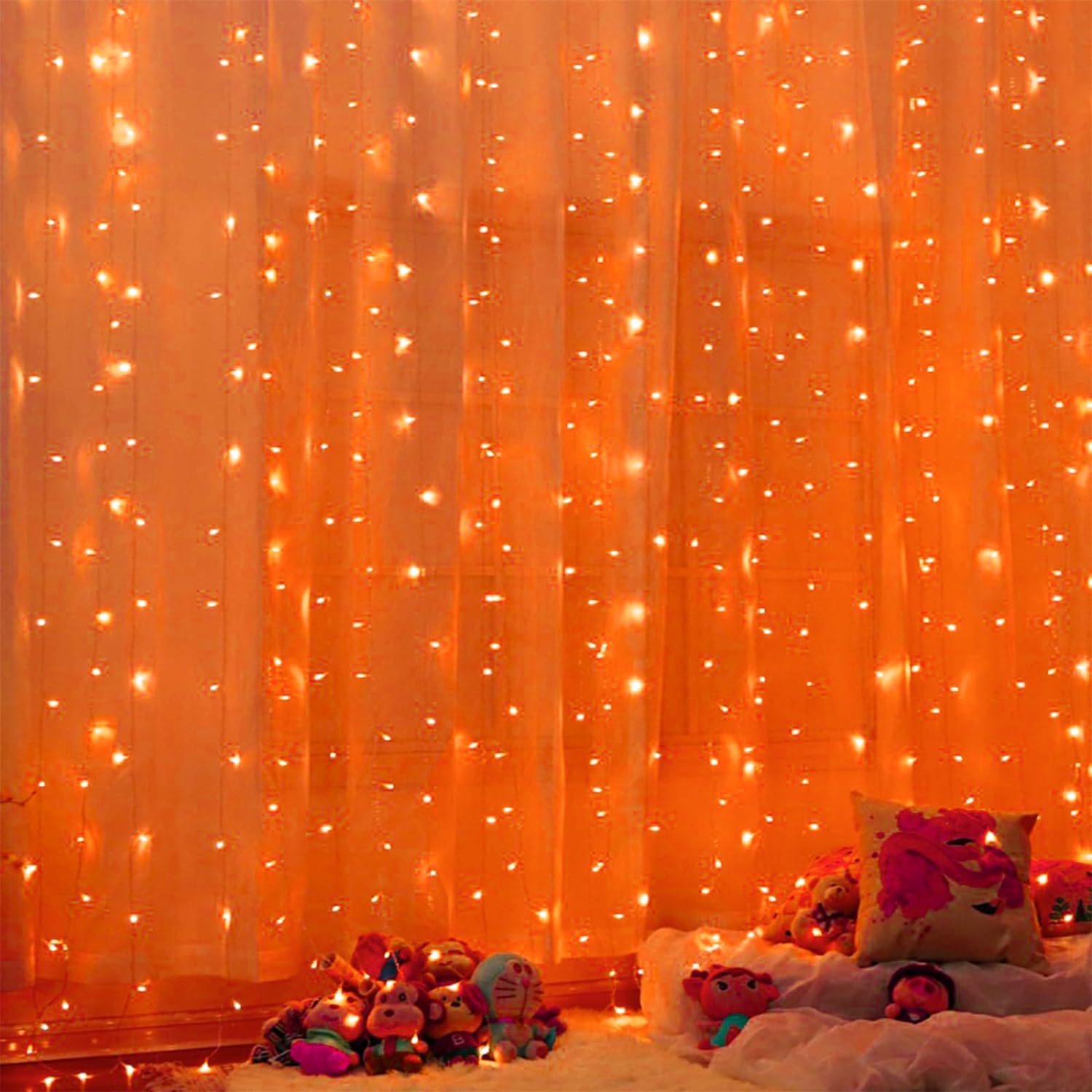 Twinkle Star 300 LED Window Fairy Curtain String Lights, 8 Modes Fairy Lights for Halloween Christmas Bedroom Wedding Party Home Garden Outdoor Indoor Wall Decorations, Orange