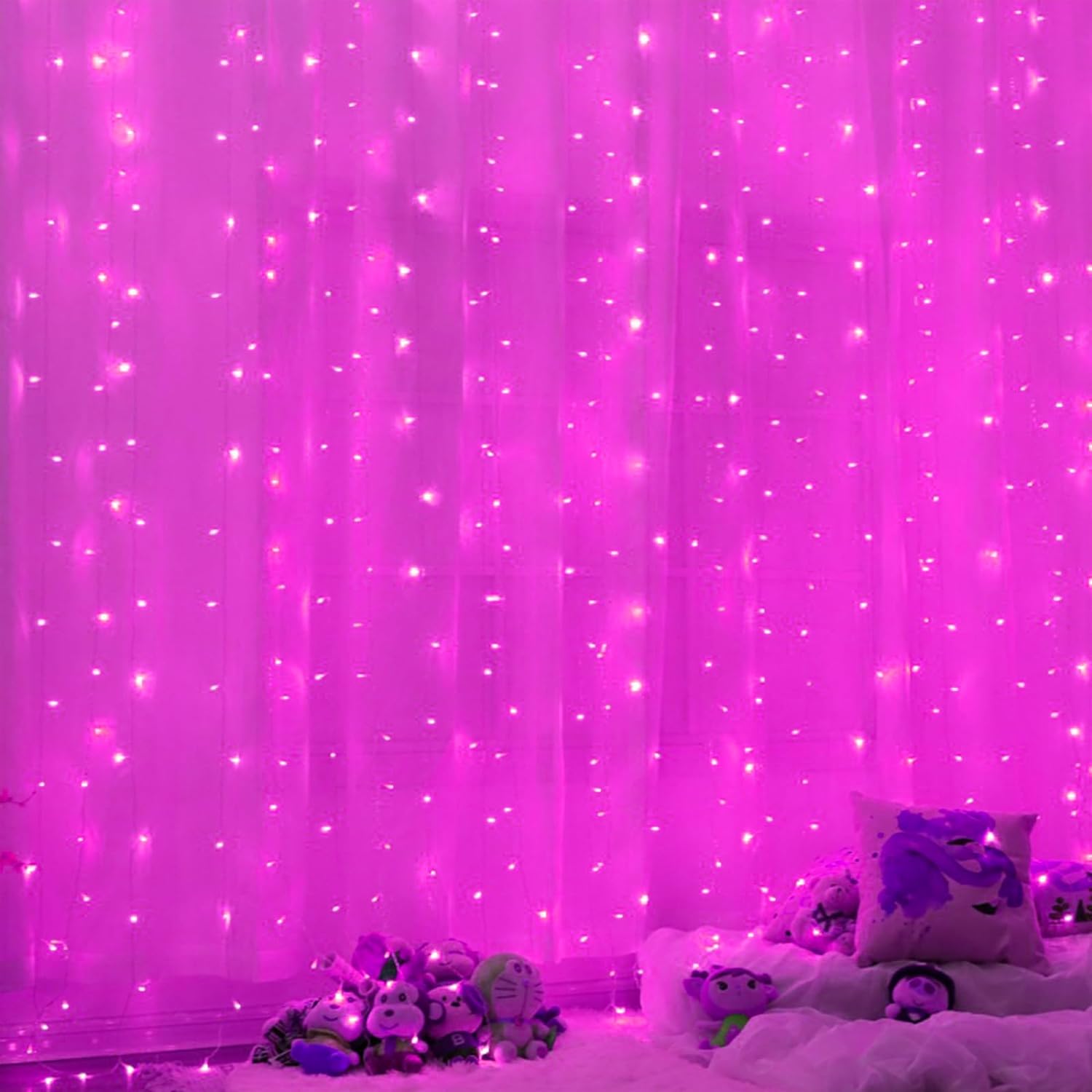 Twinkle Star 300 LED Window Fairy Curtain String Lights, 8 Modes Fairy Lights for Halloween Christmas Bedroom Wedding Party Home Garden Outdoor Indoor Wall Decorations, Pink