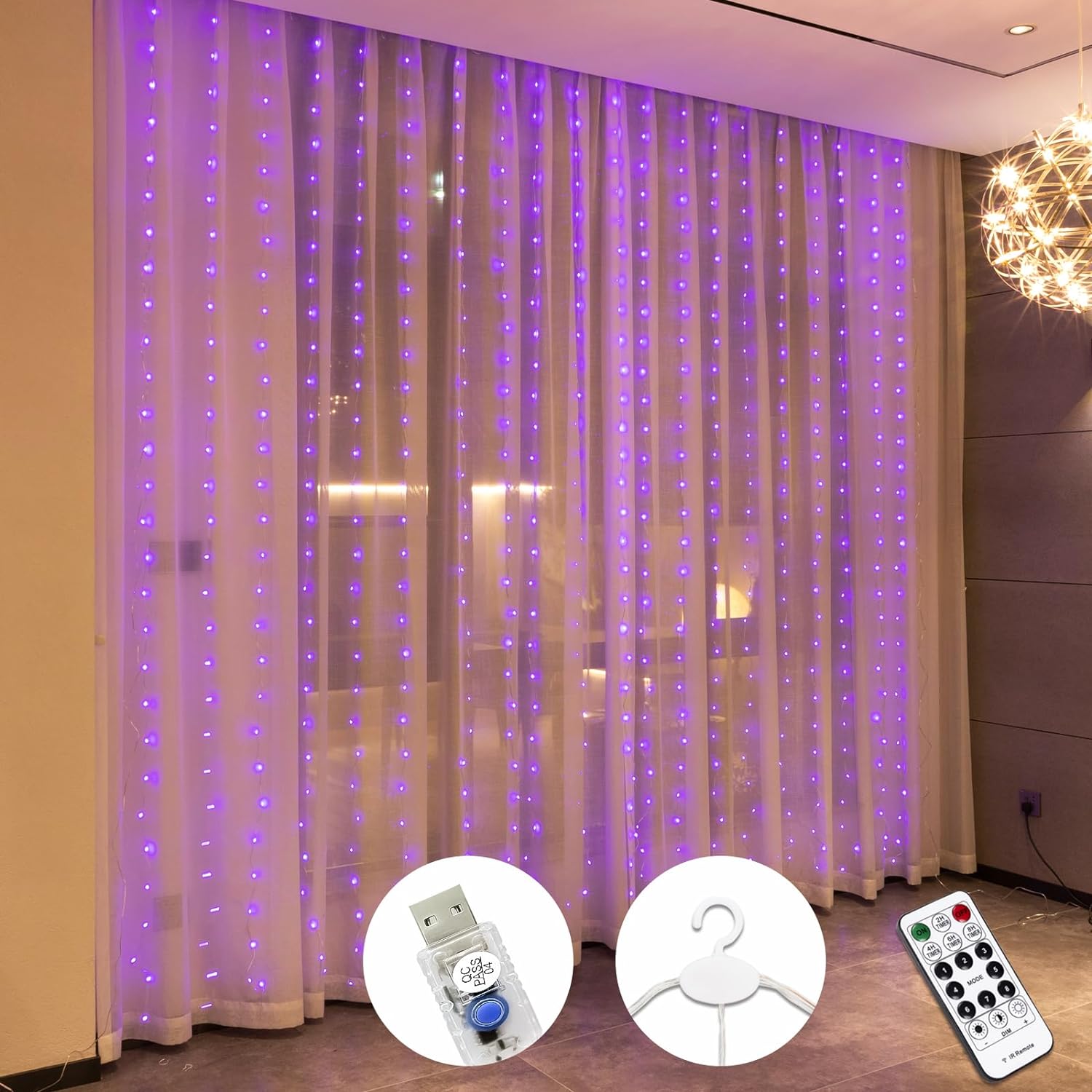 Purple Curtain Light with Untangled Wires for Bedroom, 300LED 9.8ft x 9.8ft Window Fairy Curtain String Light with 16 Hooks, 8 Modes Remote Control for Wedding Party Home Indoor Decorations