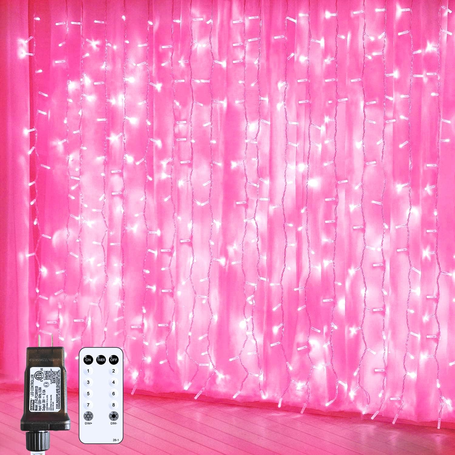 JMEXSUSS 300 LED Remote Control Pink Curtain Lights, 8 Modes Pink Valentine Lights, Pink String Lights for Bedroom Window Wall Party Backdrop Valentine Decorations (9.8x9.8ft)