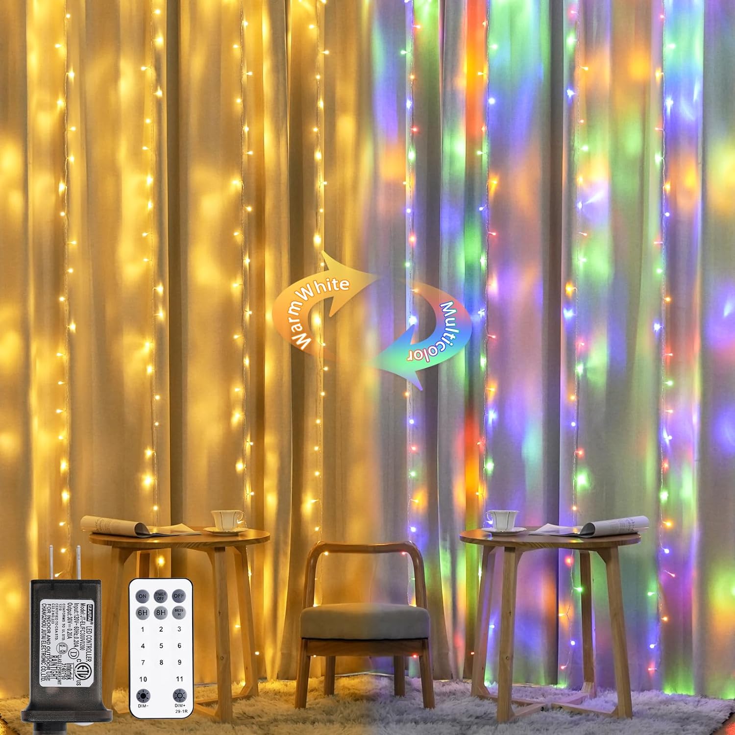 JMEXSUSS 300LED Dual Color Changing Curtain Lights with Remote, 9.8 x 9.8ft Connectable Plug in Christmas String Lights with 11 Modes for Bedroom Backdrop Outdoor Decor, Warm White to Multicolor