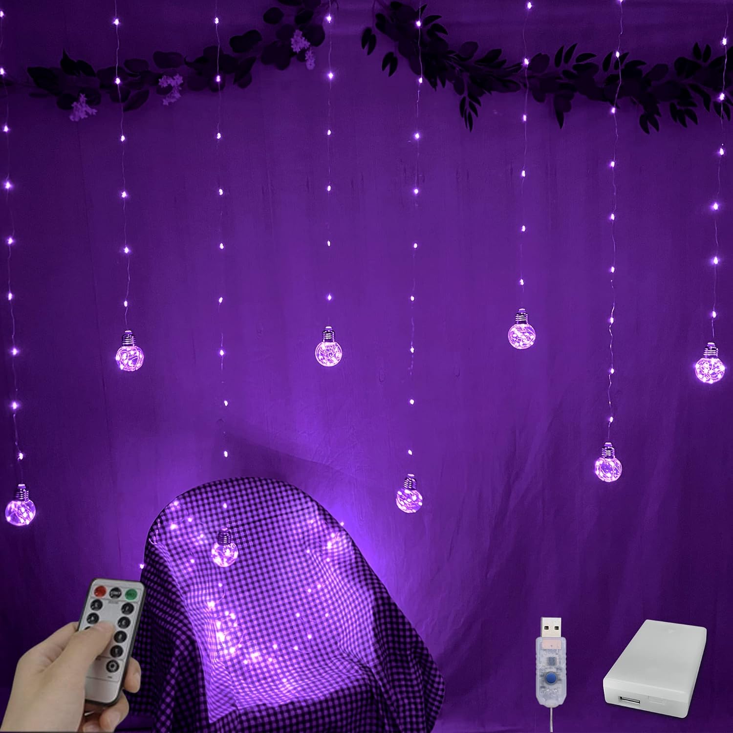 Wishing Ball Curtain Lights 200 LED Window Curtain String Lights with Remote, USB Battery Powered Twinkle Globe Fairy Lights for Wedding Party Bedroom Halloween Christmas Decoration (Purple)