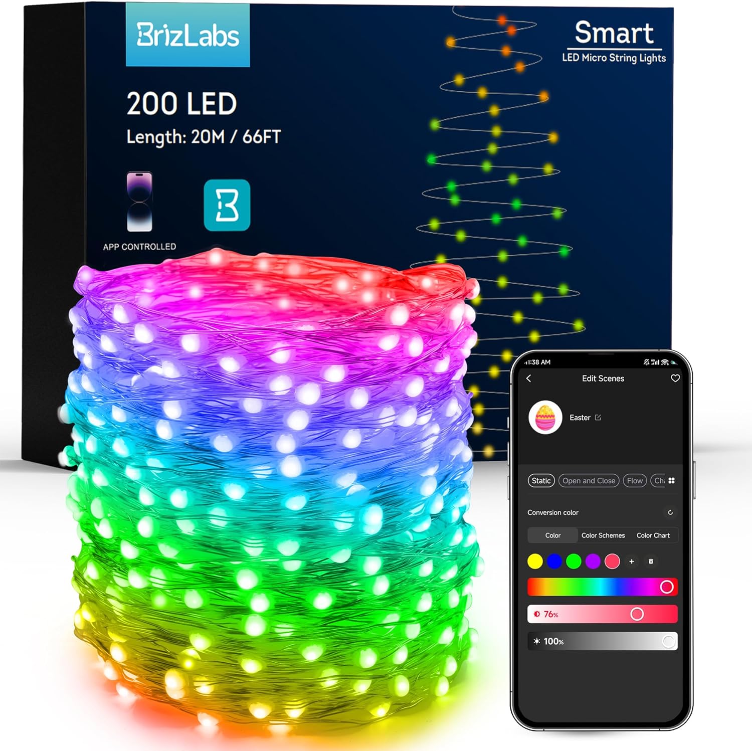 BrizLabs Smart Fairy String Lights, 66ft 200 LED WiFi Christmas Color Changing Fairy Lights App Control, Dimmable Christmas Lights, Christmas Multicolor Tree Party Lights Work with Alexa & Google