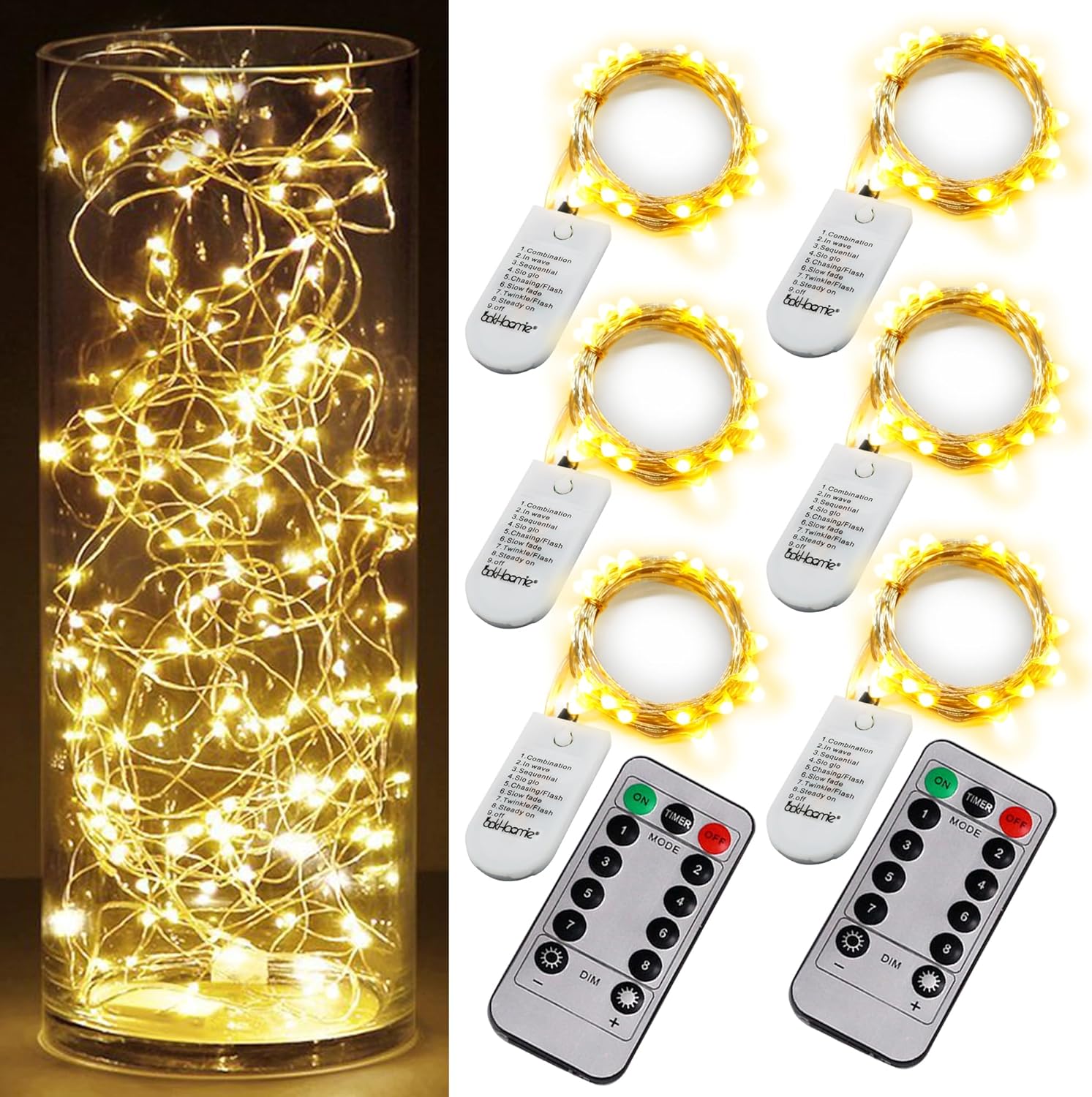 OakHaomie 6PCS Fairy String Warm White Changing Twinkle Lights with 2pcs Remote,6.5ft 20 LEDs Silver Wire,CR2032 Battery Powered,Indoor Decor Bedroom,Wedding,Patio,Christmas,Outdoor Garden,Stroller