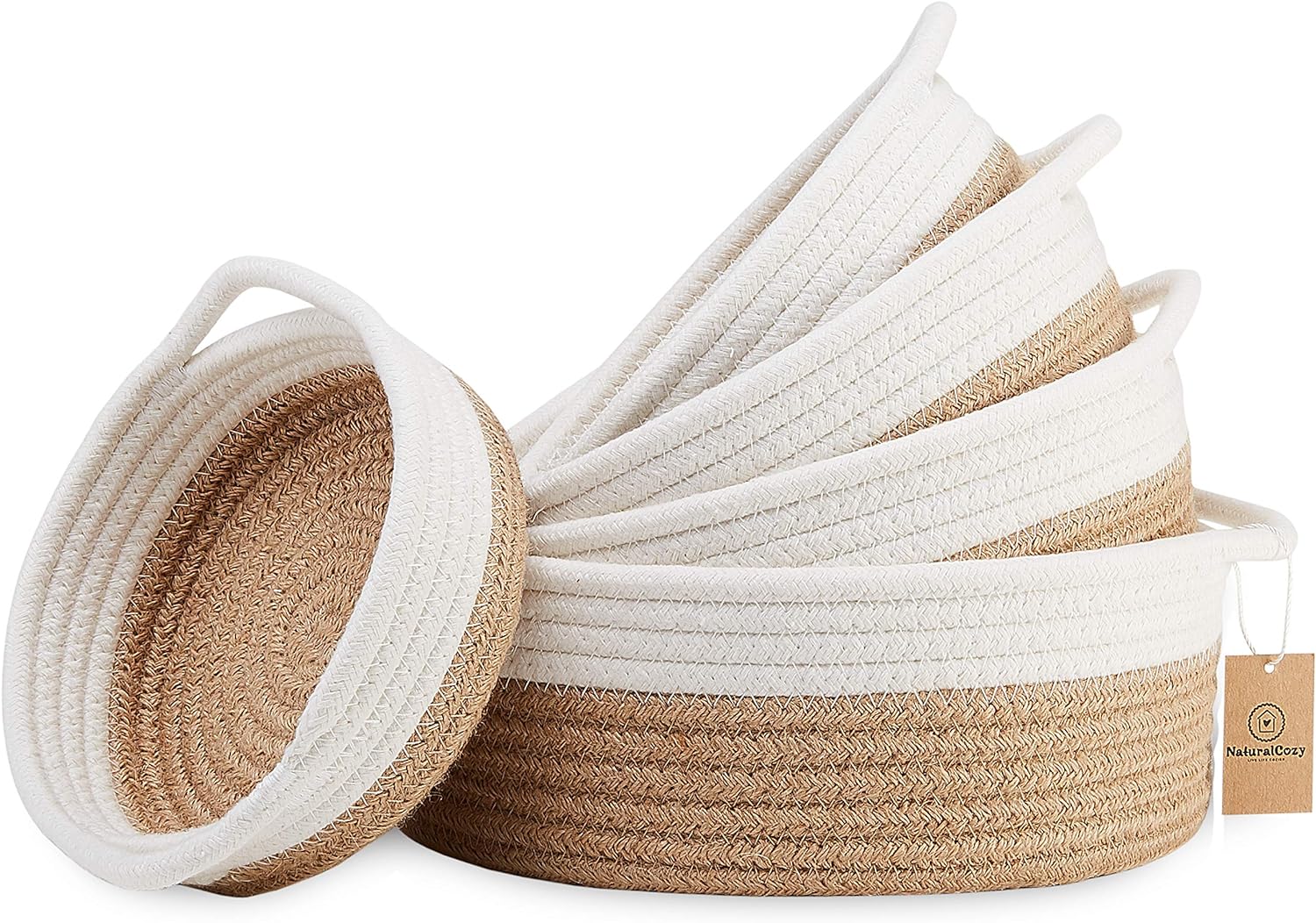 NaturalCozy 5-Piece Round Small Woven Baskets Set Cotton Rope Baskets for Organizing! Montessori Toys, Fruits Remotes Key Tray Bowl for Entryway Desk, Shallow Catchall Home Dcor, Cat Dog Bin Gift