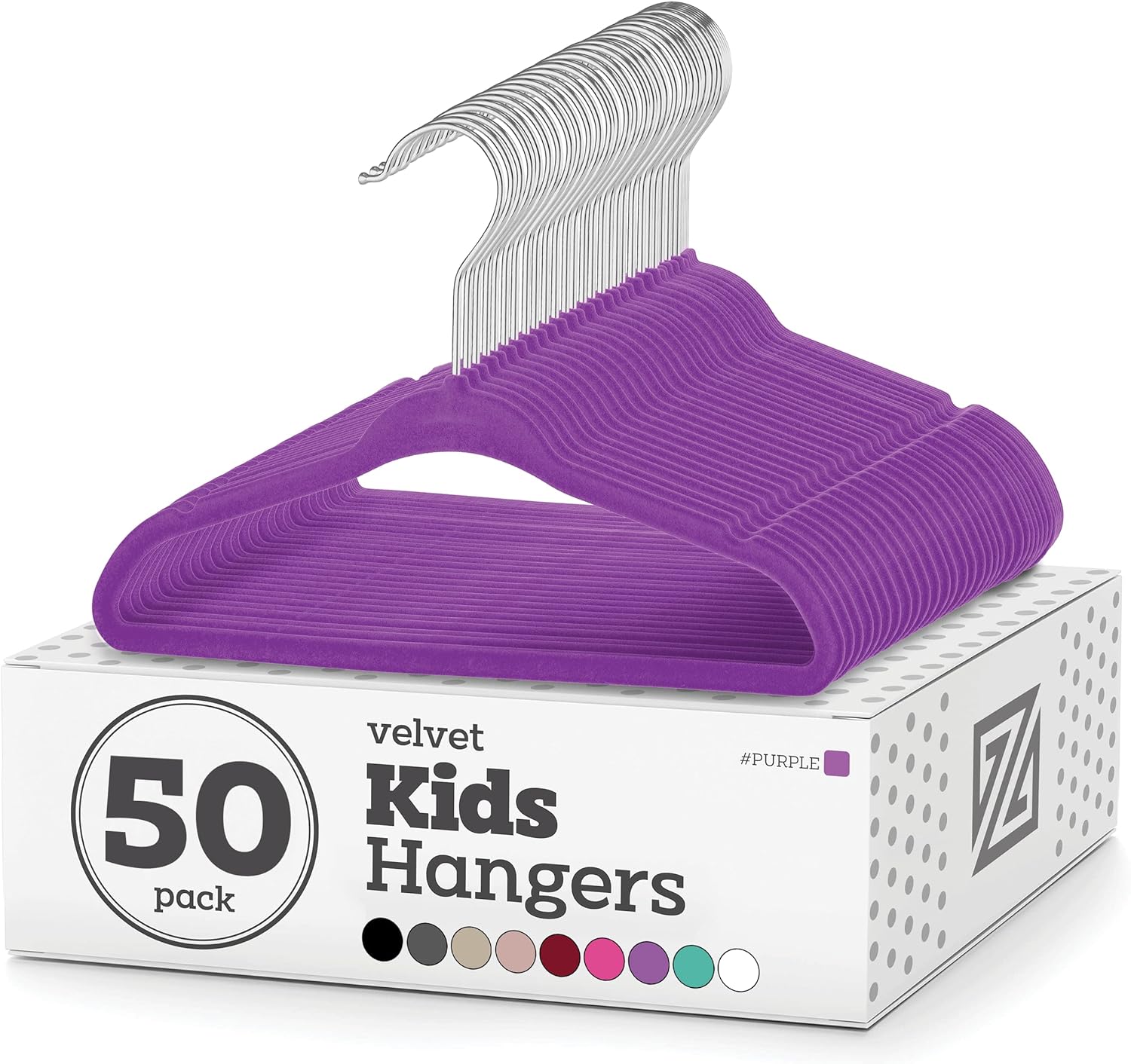 Zober Velvet Kids Hangers for Closet - Pack of 50 Non Slip Childrens Hangers for Shirts, Pants & Dresses w/Swivel Hook - Durable Kids Clothes Hanger w/Notches - Small Hangers - Purple