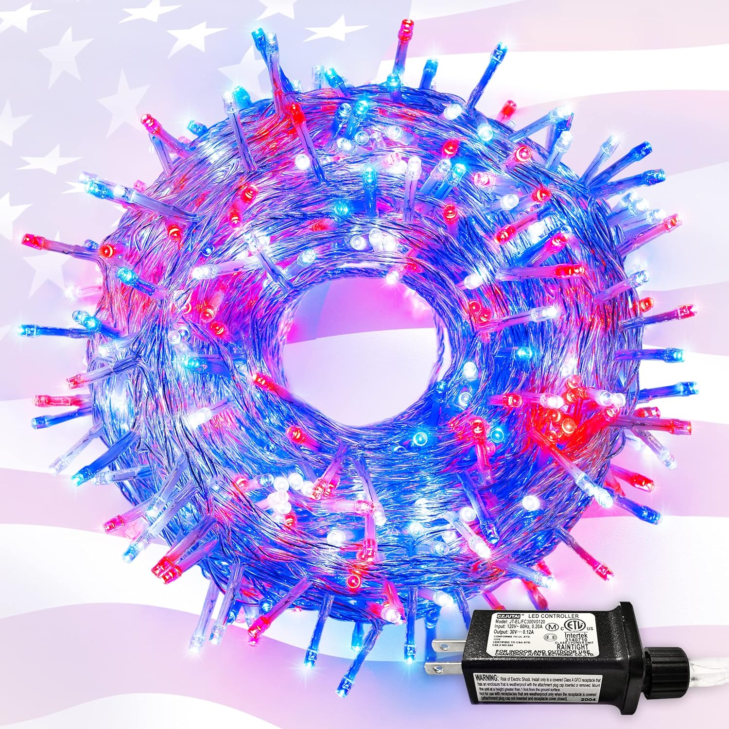 JMEXSUSS Red White & Blue Lights Clear Wire, 66 Ft 200 LED 4th of July Decorations String Lights Indoor Plug in, Christmas Lights for Independence Day Celebration Party Home Patriotic Holidays Decor