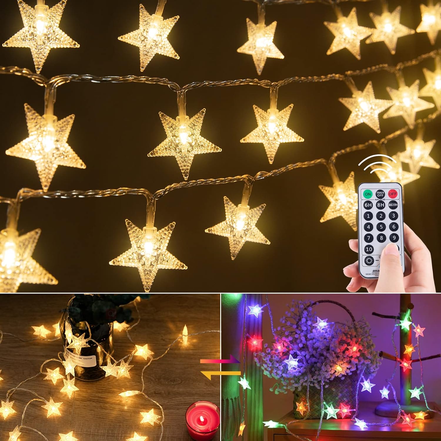 Minetom Star String Lights Plug in - 33 ft 100 LED Star Fairy String Lights with Remote and Timer, Waterproof for Bedroom Tent Loft Bed Shelf Porch Patio Garden Party Dcor, Warm White   Multicolor