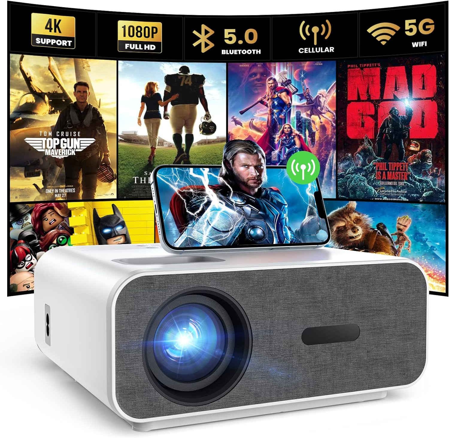 4K Support Projector with Wifi and Bluetooth, HOMPOW Mini Portable Projectors for Outdoor Home Movie, Compatible with Laptop, Smartphone, TV Stick, Xbox, PS5