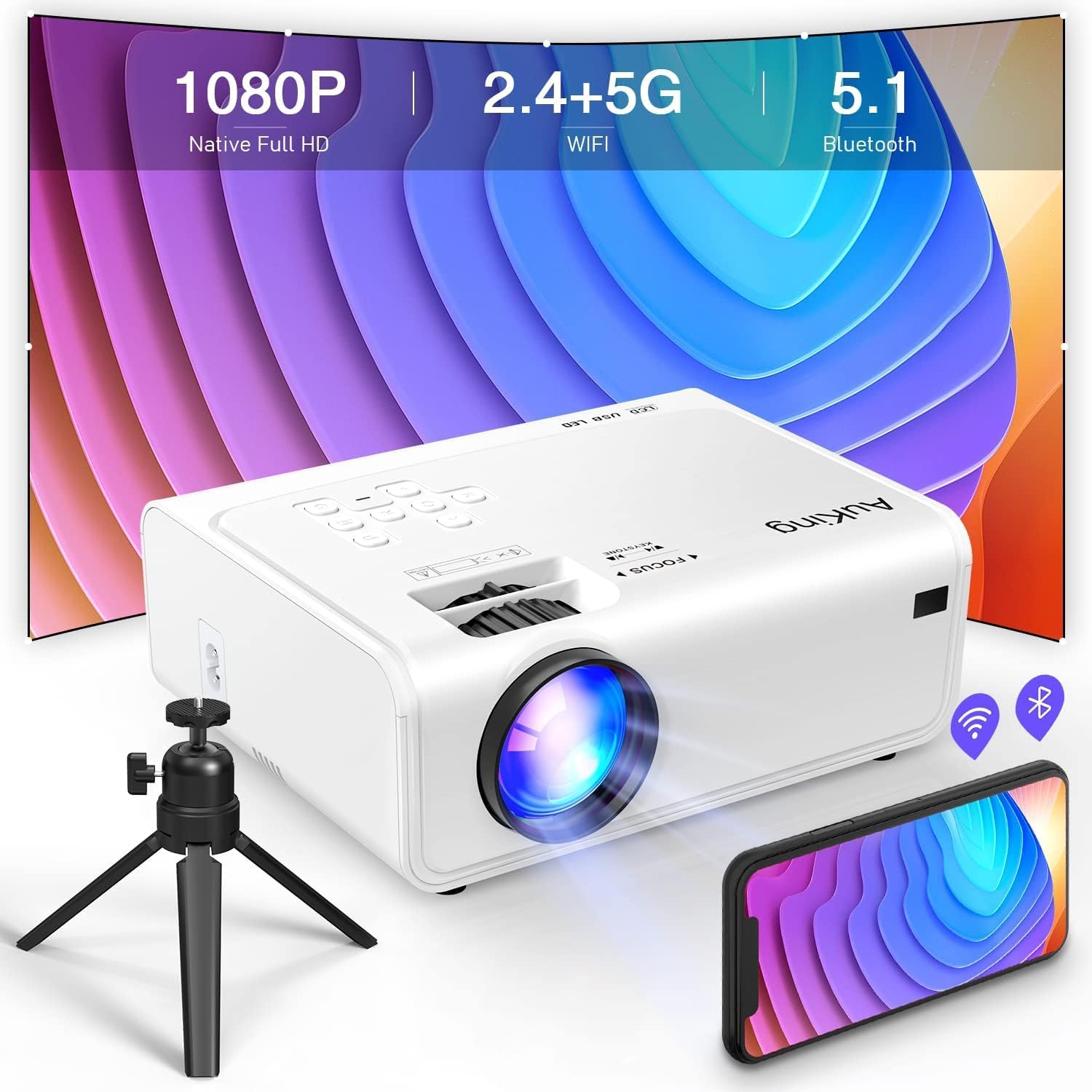 AuKing Projector with WiFi and Bluetooth, 2024 Upgrade 450 ANSI Native 1080P 4K Projector Supported, 6D/4P Keystone, 50% Zoom, 300 Home Outdoor Projector for HDMI/USB/TV Box/Android/iOS