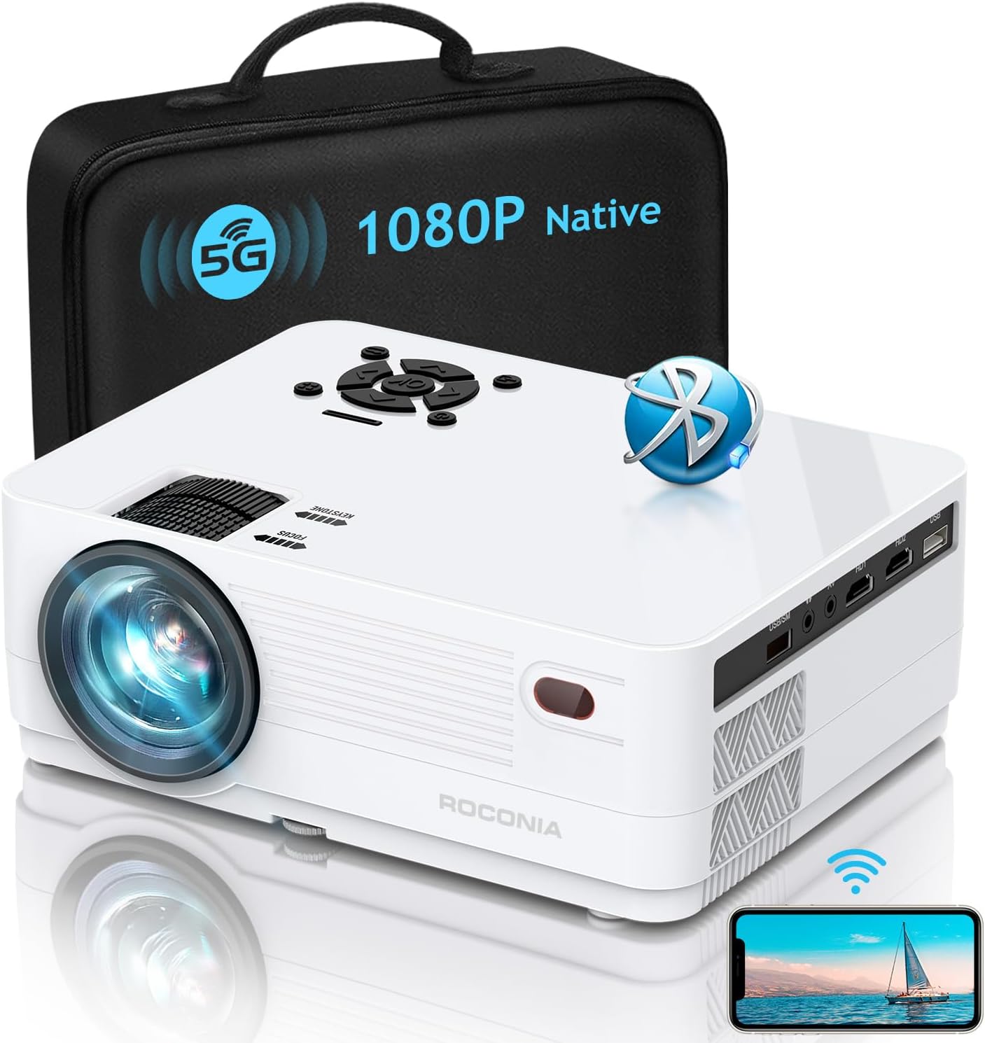 5G WiFi Bluetooth Native 1080 Projector, Roconia 9000LM Full HD Movie Projector, 300 Display Support 4k Home Theater,Compatible with iOS/Android/XBox/PS4/TV Stick/HDMI/USB (White)