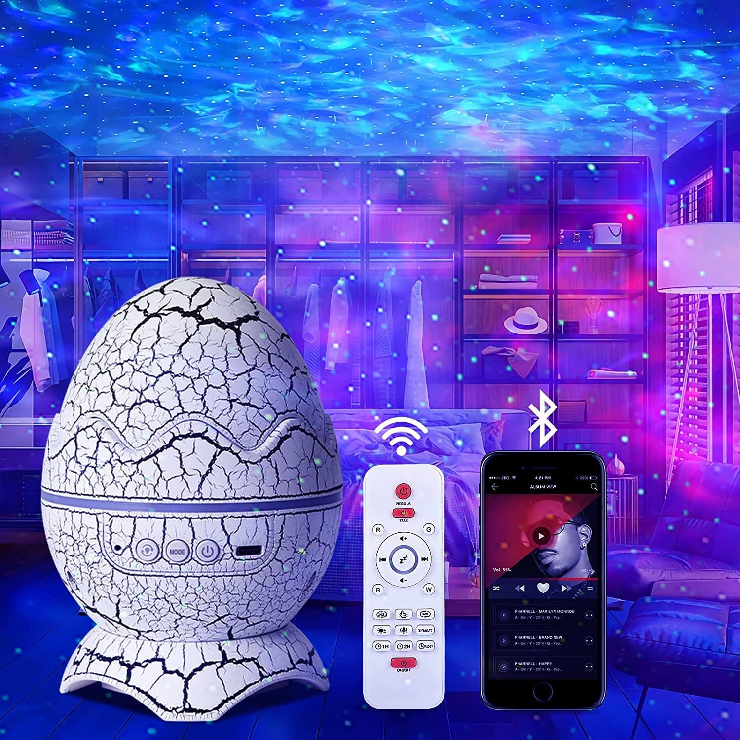 Dinosaur Egg Galaxy Star Projector Starry Light with Wireless Music Player, Night Light with White Noise, Nebula,Timer & Remote Control Best Gift & Decoration for Children' and Adults' Bedroom