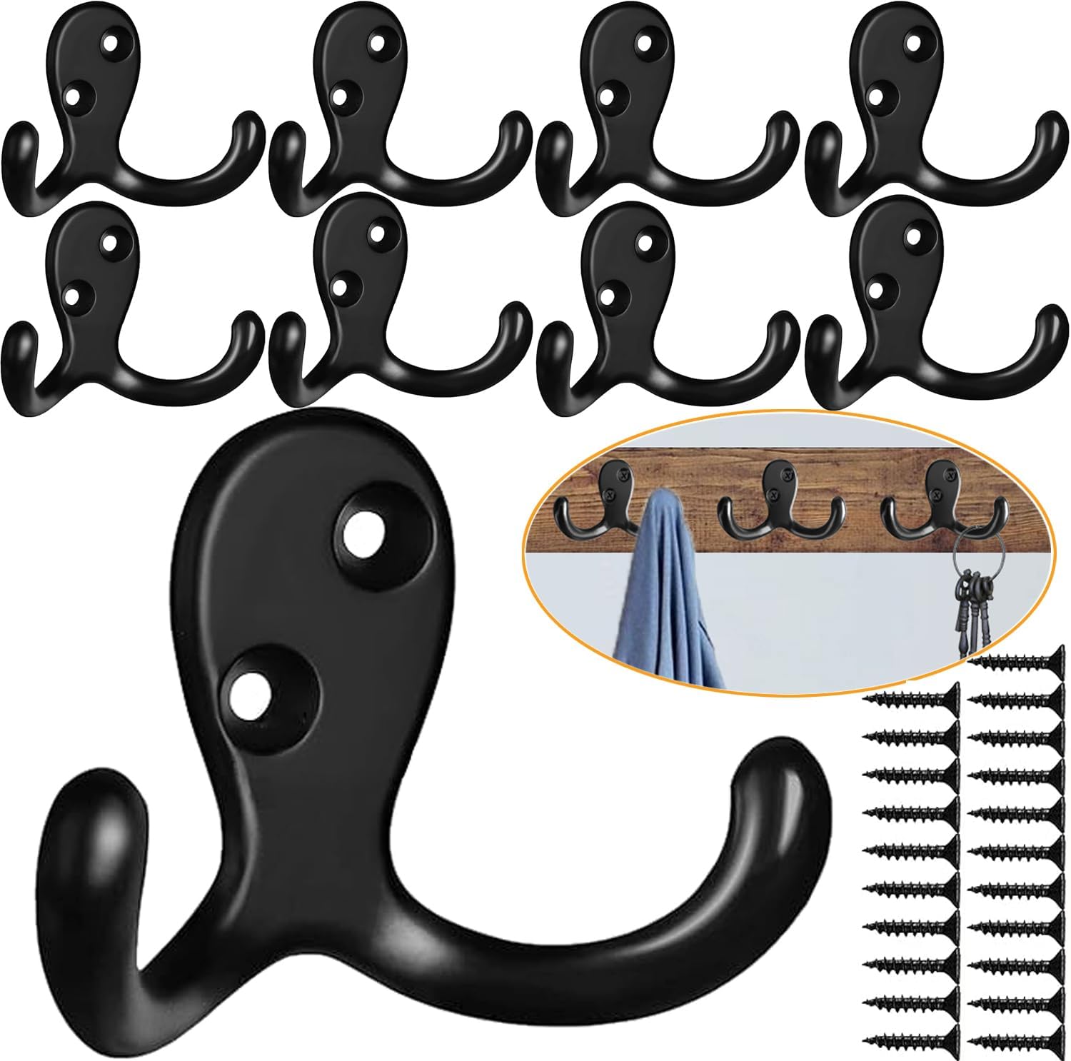 Coat Hooks Hardware, 10Pcs Wall Hooks Heavy Duty Hooks for Hanging Coats No Rust Double Robe Hooks Wall Mounted for Key Towel Bags Cup Hat (Black)