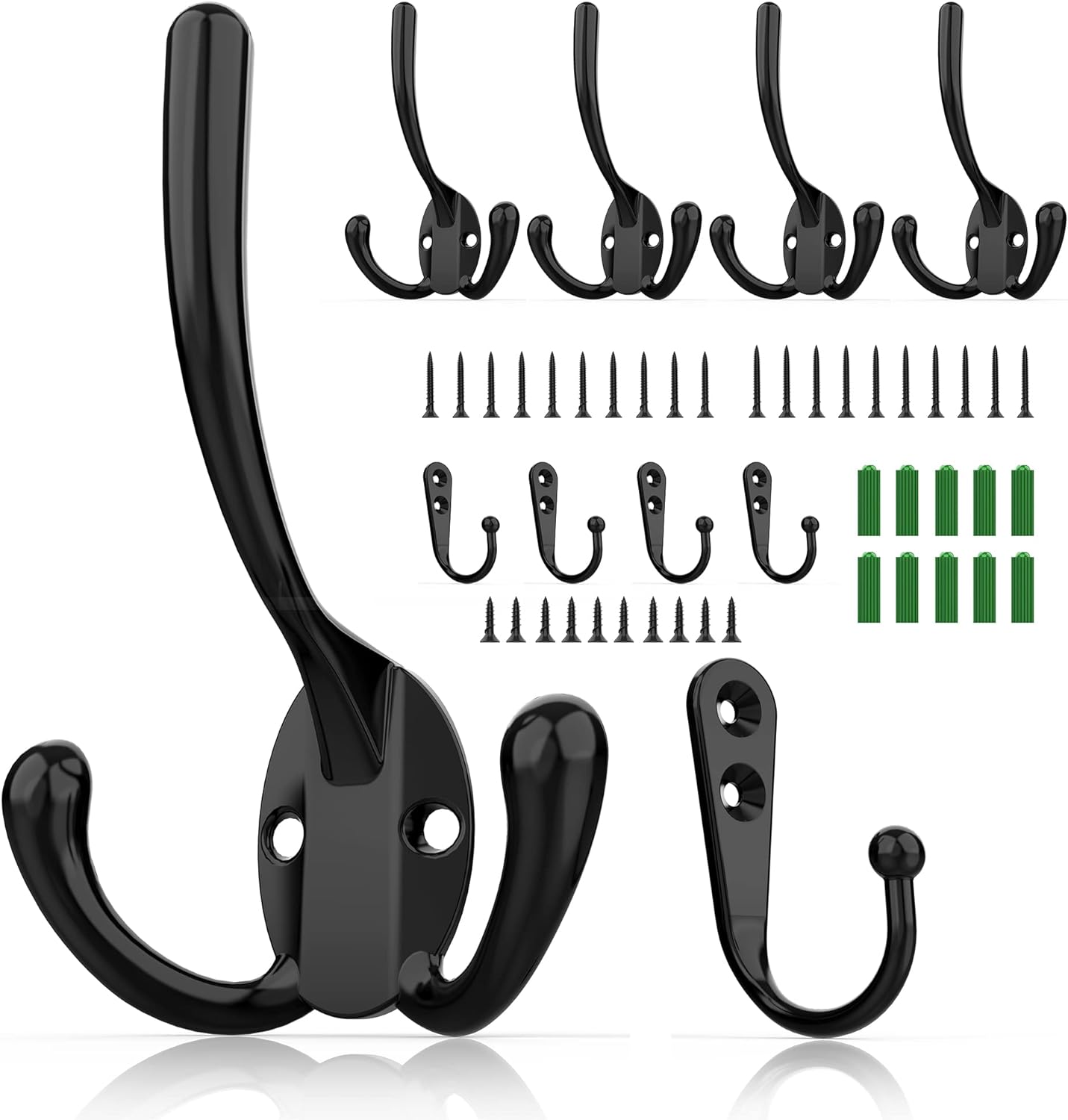 10 Pack Heavy Duty Wall Mounted Black Coat Hooks with 30 Screws, Mudroom Hooks, Backpack Hooks, Robe Hooks, Hat HookTwo Types of Hooks + ThreeTypes of Screws Included