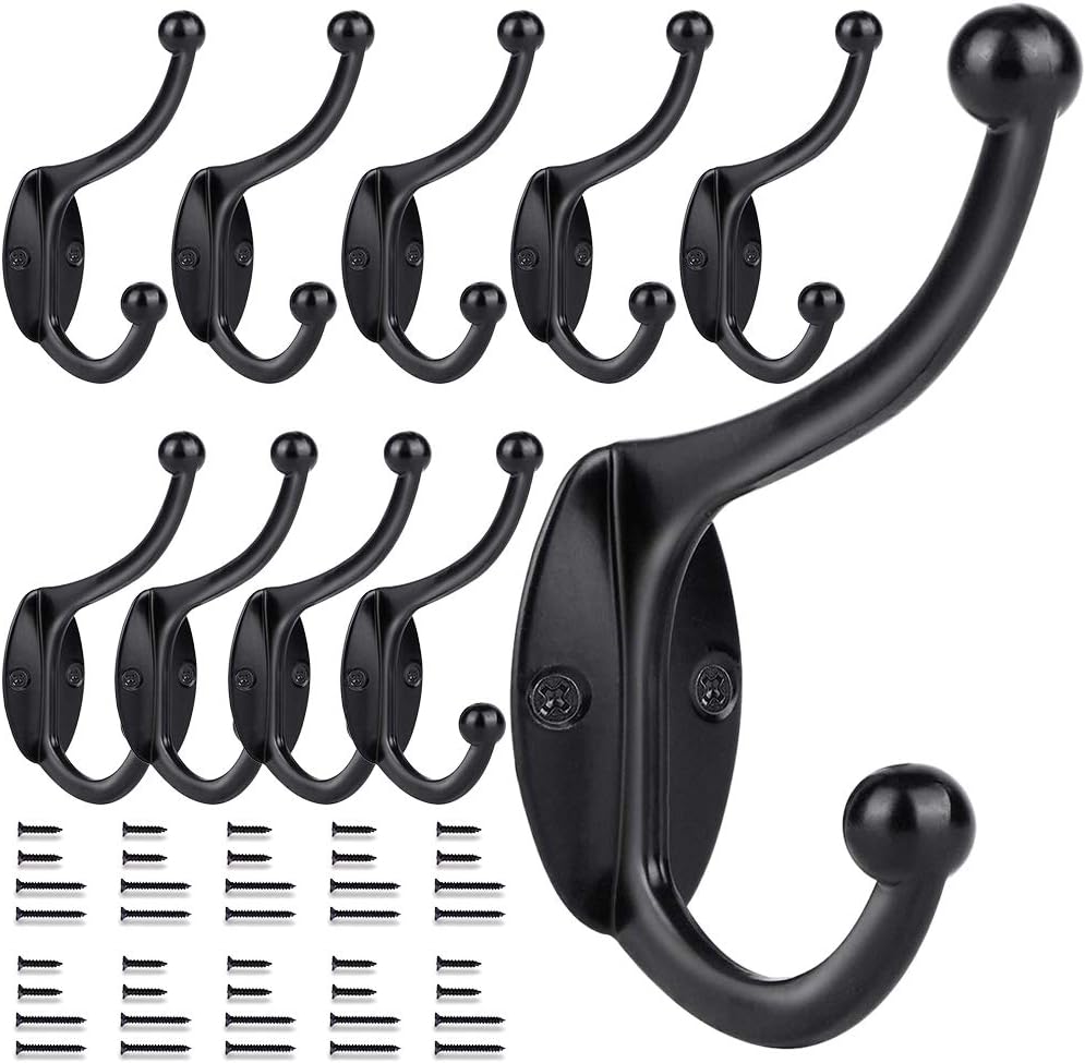 10 Pack Coat Rack Hooks for Entryway Hanging Towels Clothes Robes Double-Prong Farmhouse Rustic DIY Wall Mounted Decorative Hanger with Screws (Black)