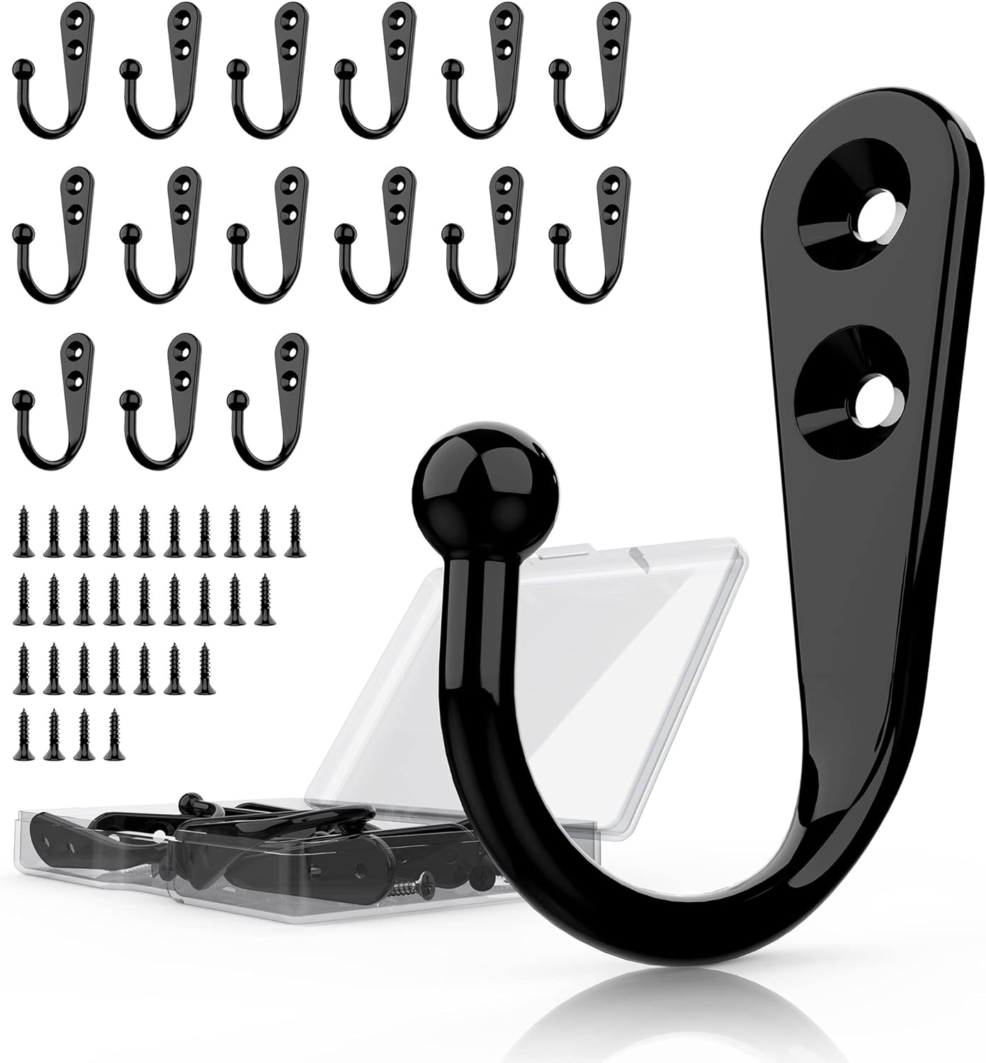 15 Pcs Black Wall Mounted Coat Hooks, Hanger Hook with 30 Pieces Screws for Towel, Key, Robe, Scarf, Bag, Cap, Coffee Cup, Mugs