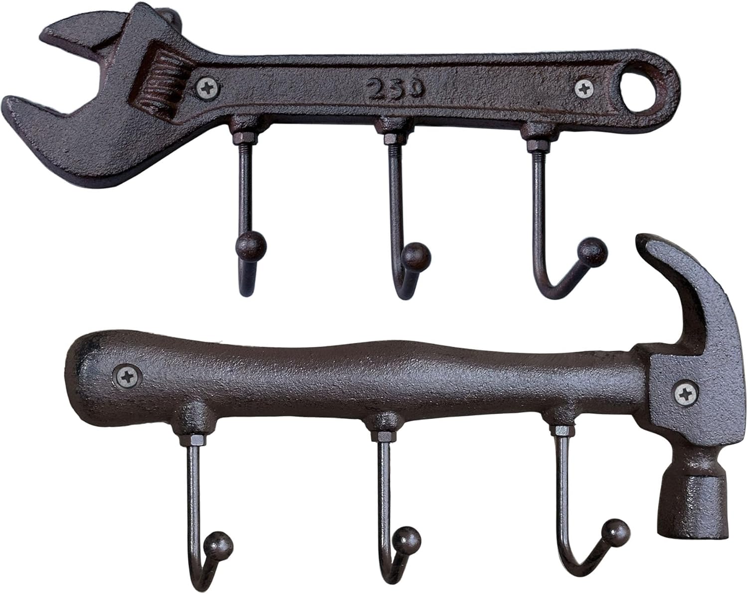 Set of 2 Wrench and Hammer Cast Iron Metal Wall Coat Hooks Hat Rack, Rustic Retro Vintage Wall Mounted Coat Rack Key Holder for Men' Workshop Garage Tools Holder Hook Wall Sign Decoration