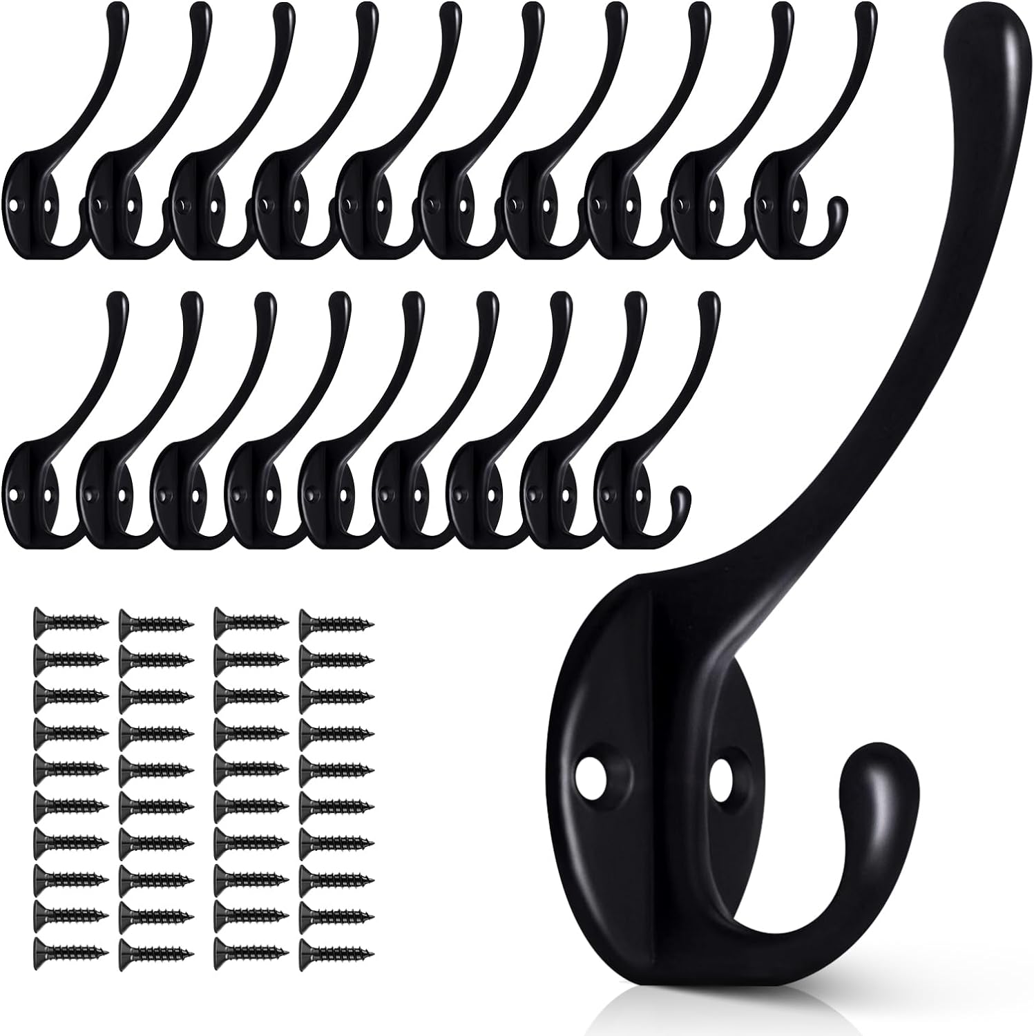 20 Pack Black Wall Hooks for Hanging, Metal Coat Hooks Wall Mounted, Retro Double Hooks Heavy Duty with 40 Screws Hanger for Towel, Hat, Key, Closet, Bag