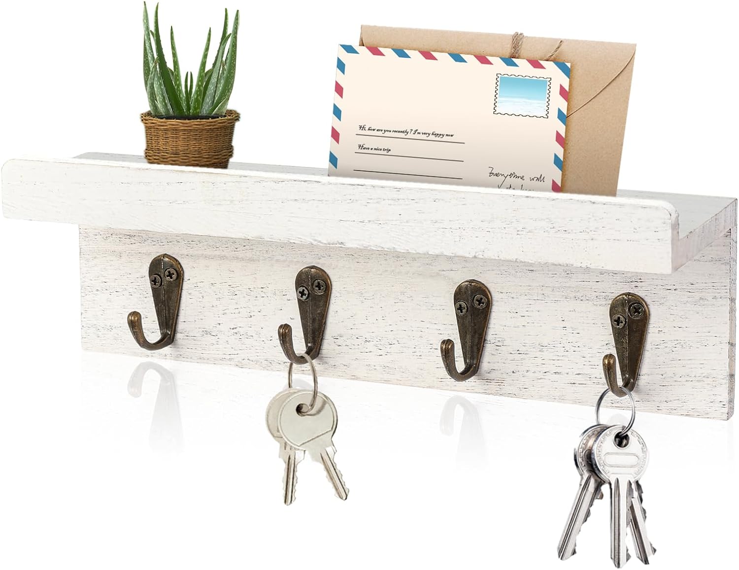 Rustic Key Holder for Wall, Farmhouse Wall Shelf with 4 Hooks, Wall Mounted Key Racks, Wooden Mail Organizer with Hooks for Entryway (White)