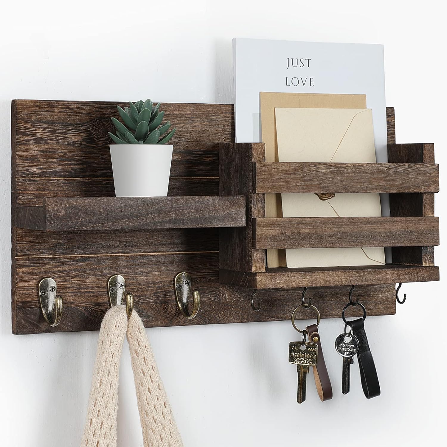 Mail Organizer for Wall Mount  Key Holder with Shelf Includes Letter Holder and Hooks for Coats, Dog Leashes  Rustic Wood with Flush Mounting Hardware (16.5 x 8.7 x 3.5)