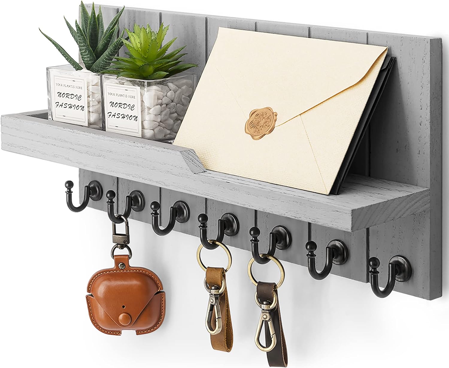 Rebee Vision Decorative Key and Mail Holder for Wall - Farmhouse 15 Inches Floating Shelf with 7 Sturdy Key Hooks for Home Entryway Wall Decor - Rustic Key Racks (Gray)