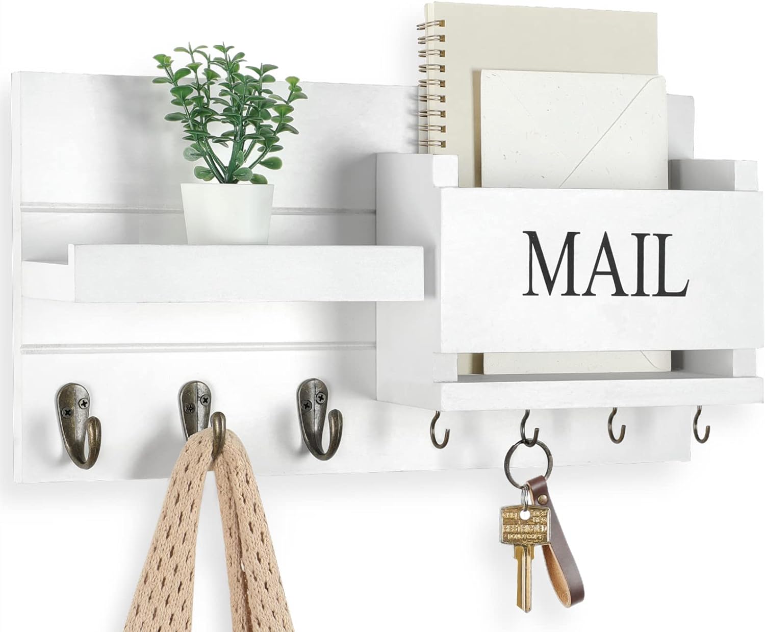 Mail Organizer for Wall Mount  Key Holder with Shelf Includes Letter Holder and Hooks for Hallway Farmhouse Decor  Rustic Wood with Flush Mounting Hardware (16.5 x 9.1 x 3.4) (White)