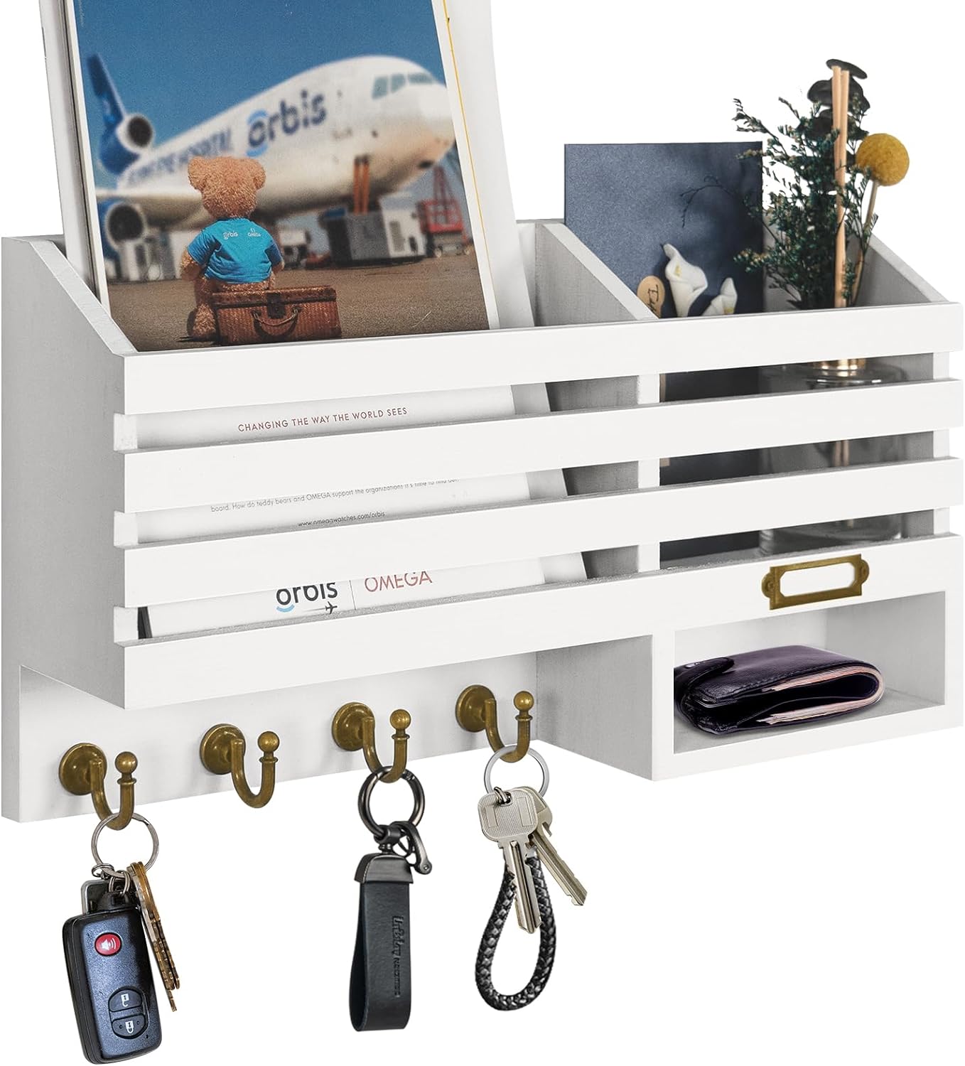 Key Holder for Wall: Easy Mounted Key Rack and Mail Organizer with Store Shelf and Four Sturdy Keys Hooks Decor in Kitchen|Farmhouse|Entryway|Mudroom (White)