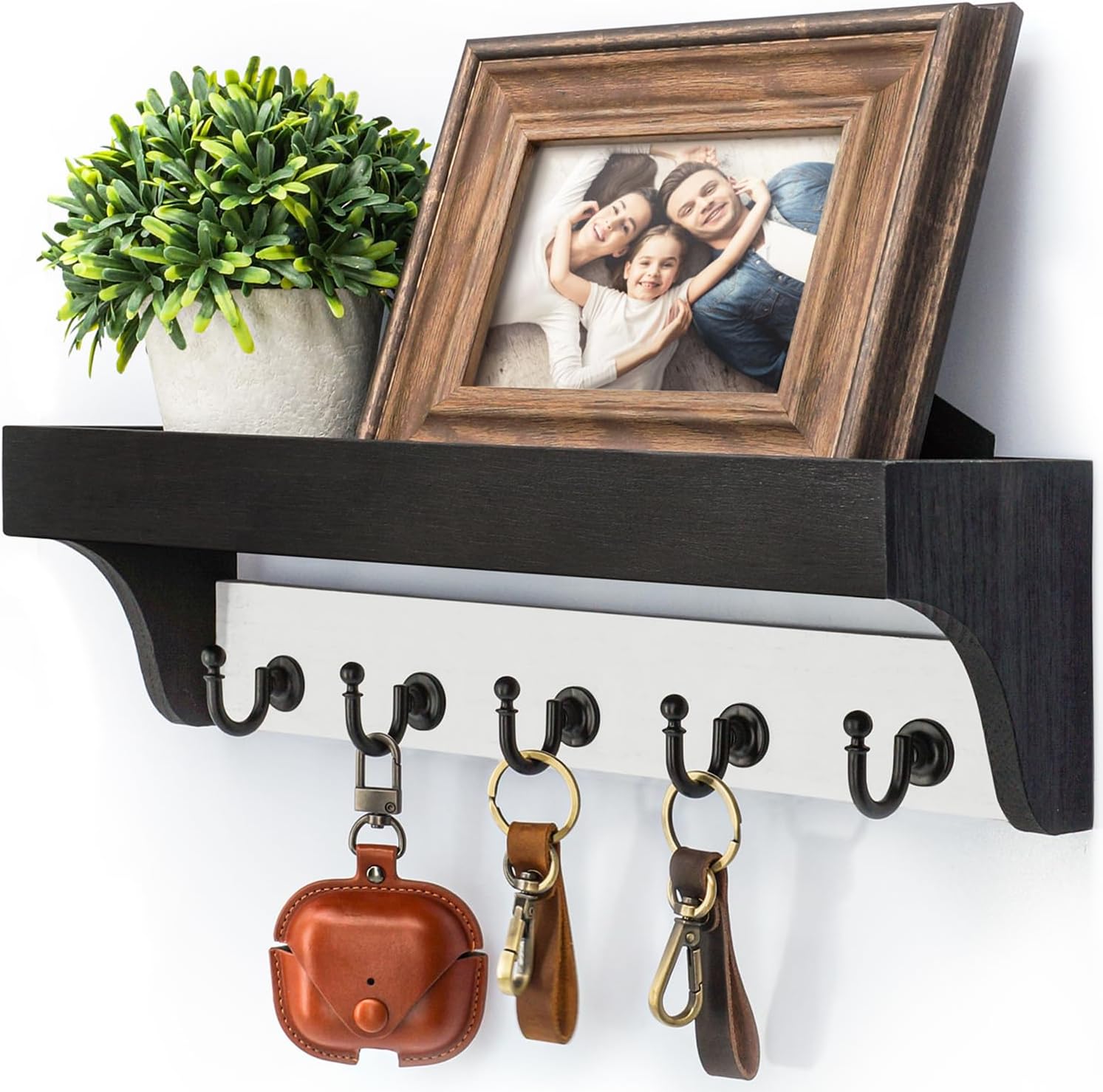 Rebee Vision Key Holder Wall Mount with Shelf - Decorative 2-Color Key Rack with 5 Rustic Key Hooks and Primitive Wood Mail Organizer Wall Mount - Modern Farmhouse Entryway Decor (Black & White)