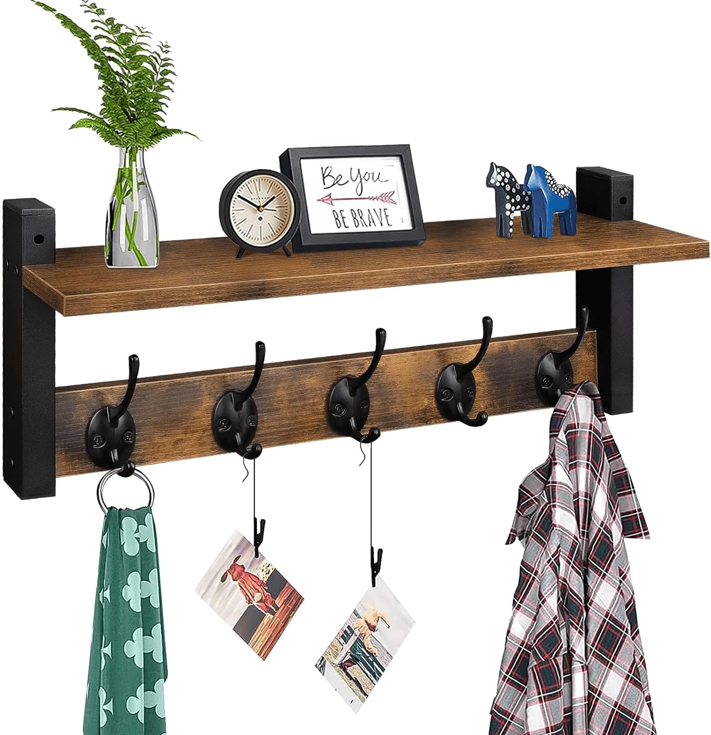 Homode Wall Hooks with Shelf, Wood Coat Rack with Shelf Wall-Mounted, Entryway Hanging Shelf with 5 Metal Hooks for Clothes Hats Towel Purse Robes, Bathroom Mudroom Bedroom, Rustic Brown Black