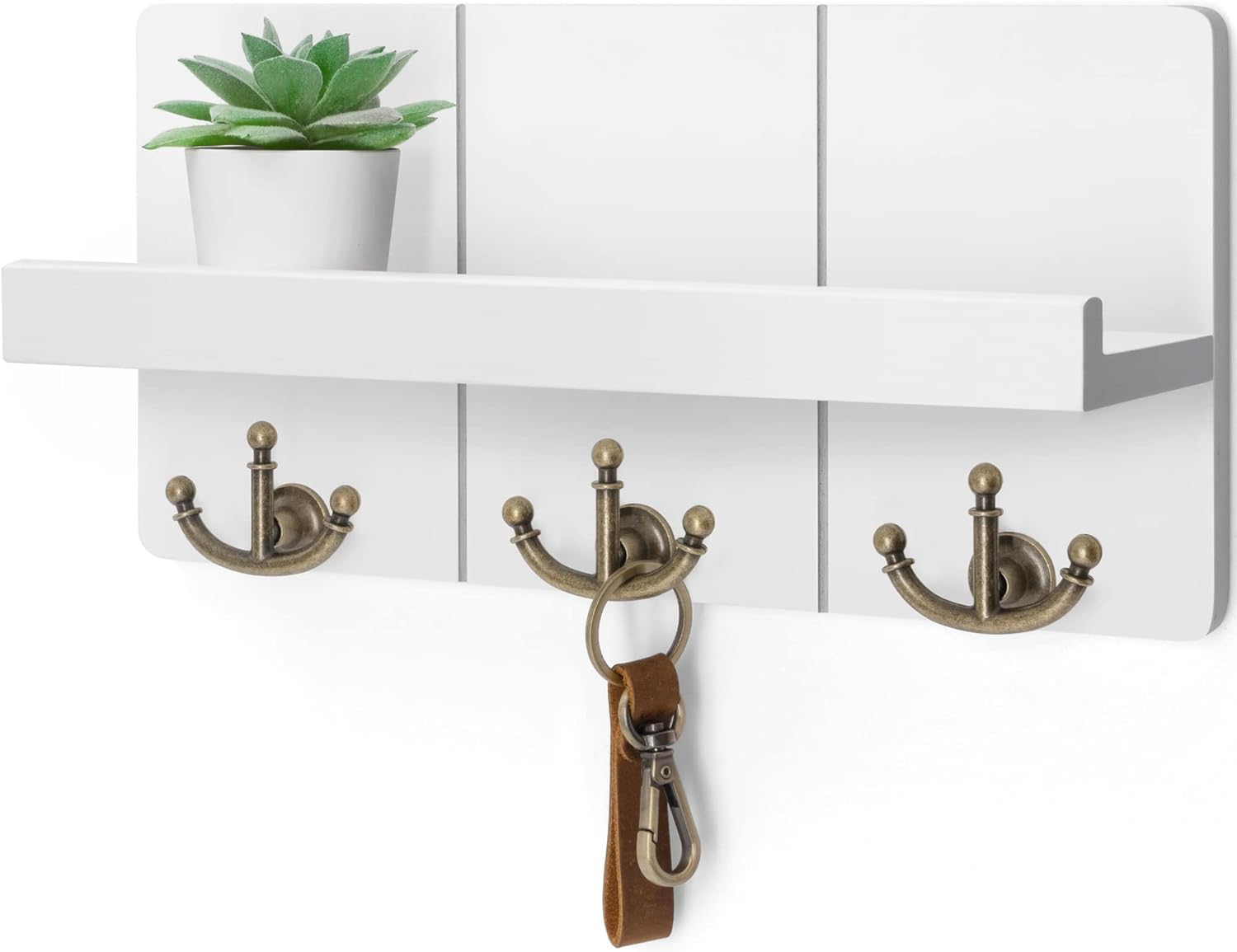 Rebee Vision Key Holder for Wall with Shelf: Elegant Farmhouse Mail Organizer with Decorative Floating Shelf and 3 Anchor Key Hooks for Wall - Retro Key Hangers for Entryway Decor (Rustic White)