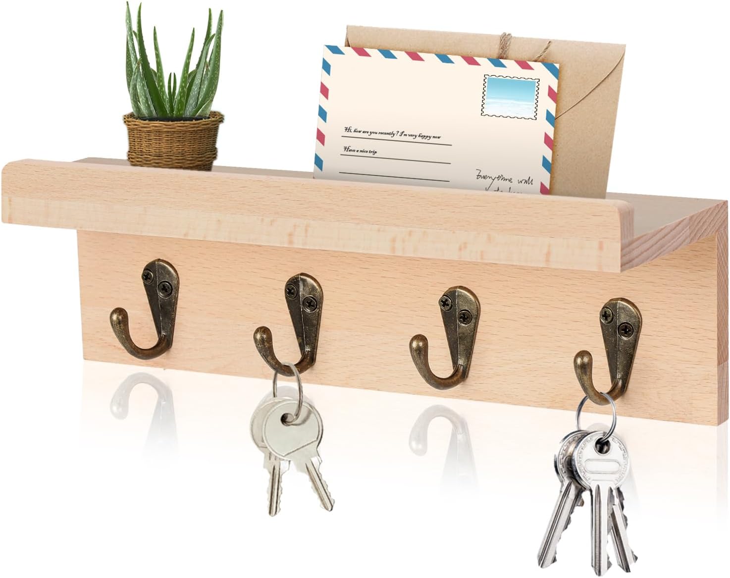 Rustic Key Holder for Wall, Farmhouse Wall Shelf with 4 Hooks, Wall Mounted Key Racks, Wooden Mail Organizer with Hooks for Entryway (Beech)