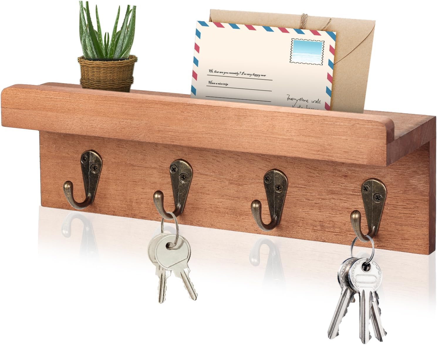 Rustic Key Holder for Wall, Farmhouse Wall Shelf with 4 Hooks, Wall Mounted Key Racks, Wooden Mail Organizer with Hooks for Entryway (Brown - Oak)