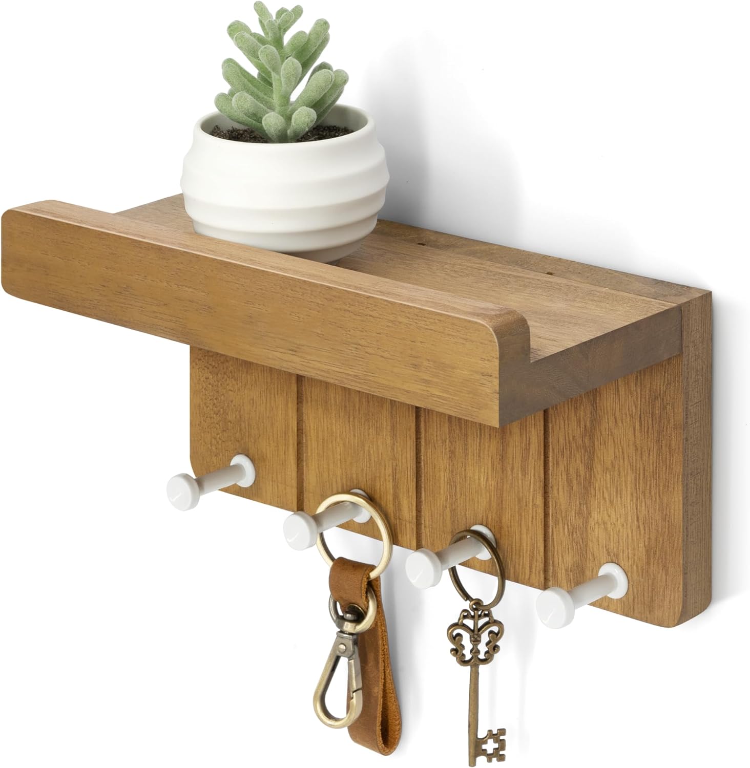 Rebee Vision Modern Farmhouse Key Holder Wall Mount - 8 inch Rustic Key and Mail Holder for Wall with 4 Hooks and Small Floating Shelf - The Perfect Aesthetic Stuff in Your Apartment (Light Brown)