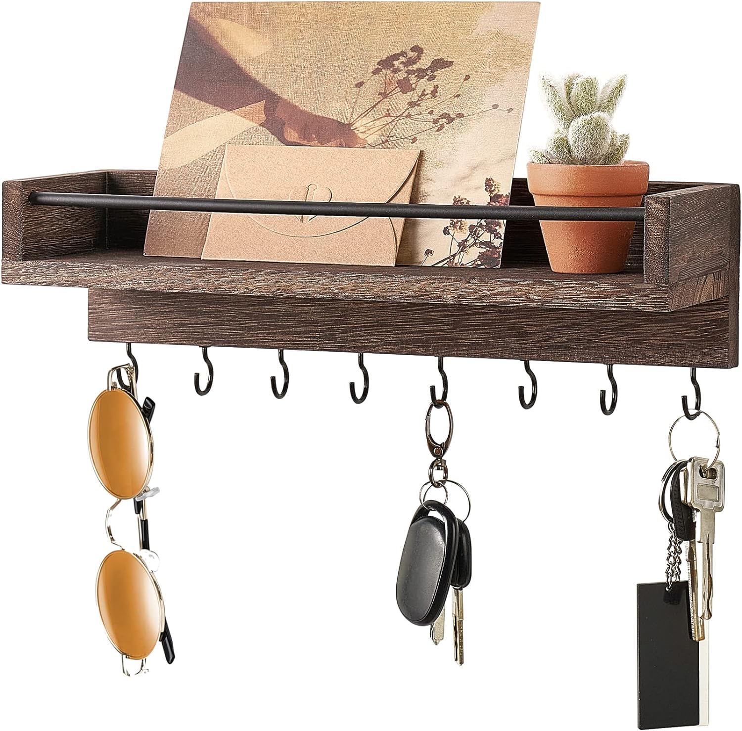 Mkono Key Holder Wall Mount Mail and Key Rack for Wall Wood Floating Shelf with 8 Hooks Decorative Display Keys Hanger Rustic Home Decor for Living Room Entryway Bedroom Bathroom Office