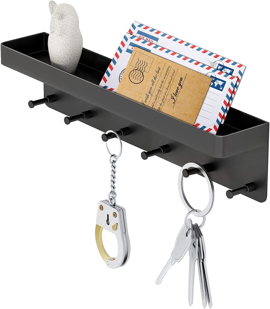 MKO Decorative Wall Mounted Mail Organizer and Key Holder with Tray - 6 Stainless Steel Key Hooks for Hallway Kitchen Farmhouse Decor (Black)