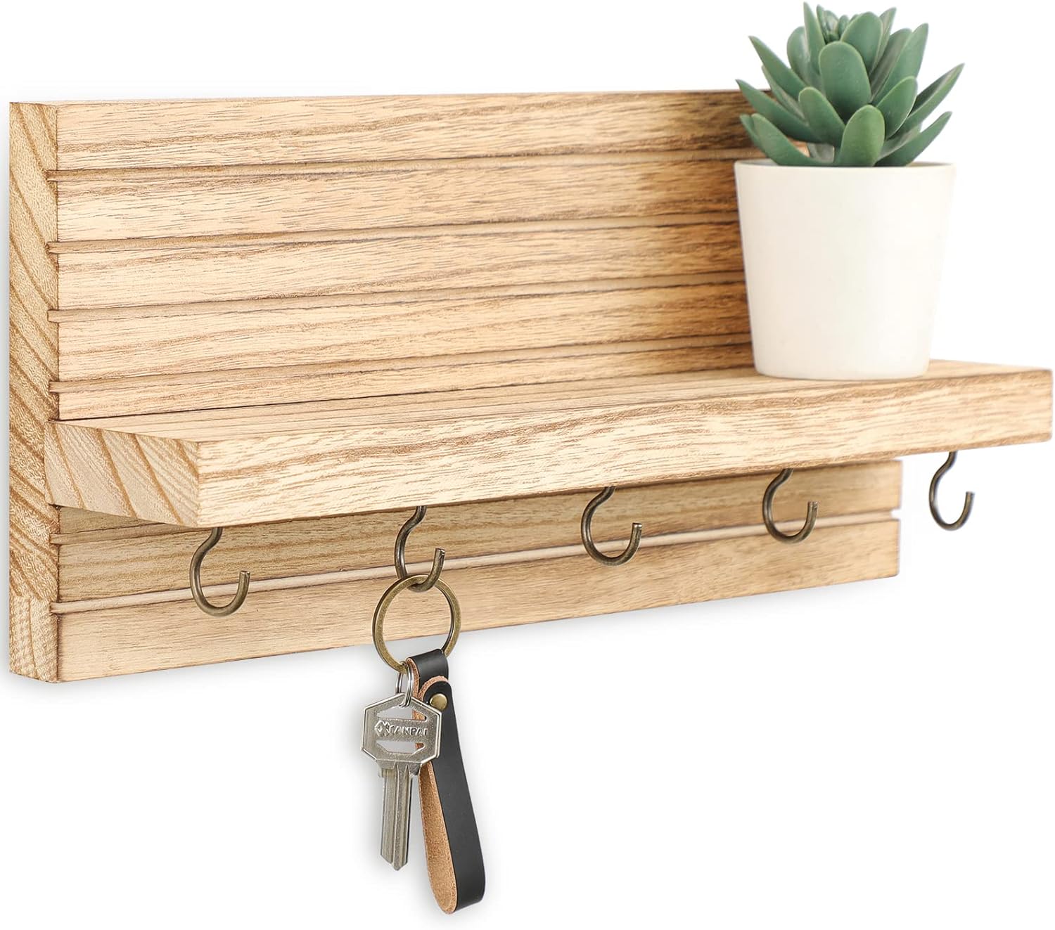 Decorative Key Holder for Wall with Shelf, Entryway Shelf with Hooks Holds Leashes, Jackets and Glasses  Sturdy Wood Keyholder Entrance Hanger with Mounting Hardware (11.8 x 5.5 x 3.1) (Wood)