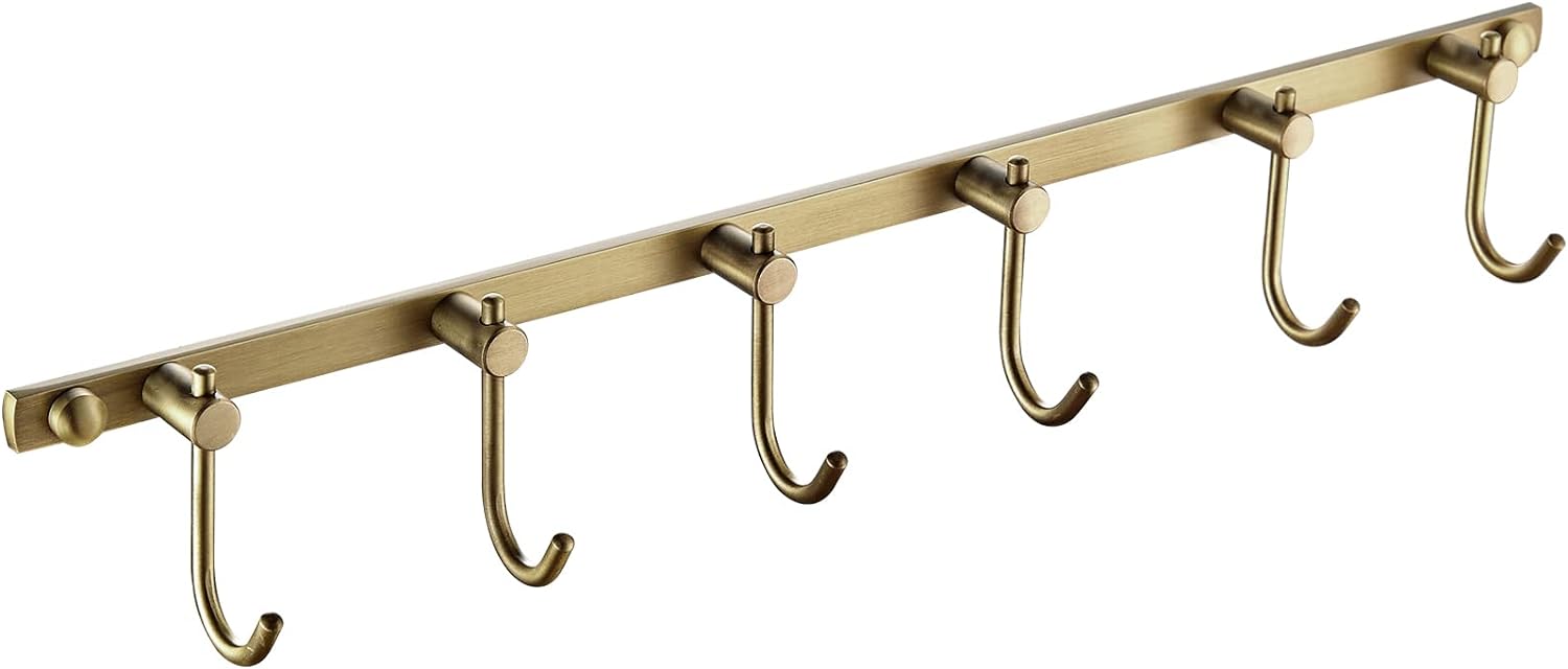 WINCASE Brass Hook Rack, Bathroom Towels Hooks Coat Rack, Antique Bath Wall Hook Vintage Mounted Brushed Brass 6 Hooks