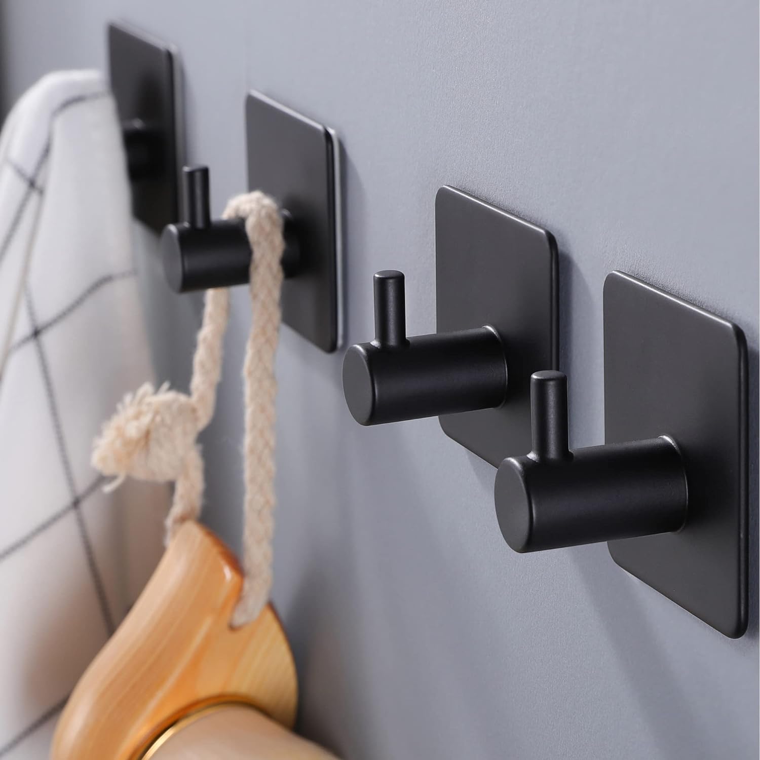 YIGII Adhesive Hooks/Towel Hook - Wall Hooks Stick on Hooks Heavy Duty for Hanging Towels/Coat/Hat/Bag in Bathroom, Bedroom, Dorm, SUS-304 Stainless Steel Matte Black 4 Packs