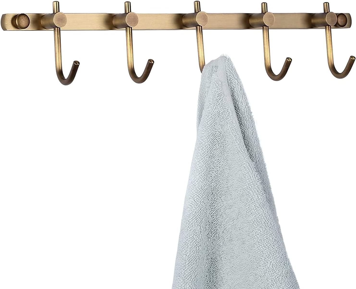 WINCASE Brass Towel Hook Rack, Brushed Brass Wall Hook Rail, Antique Coat Hook Rail Hanger 5 Hooks Bathroom Robe Hooks Wall Mounted