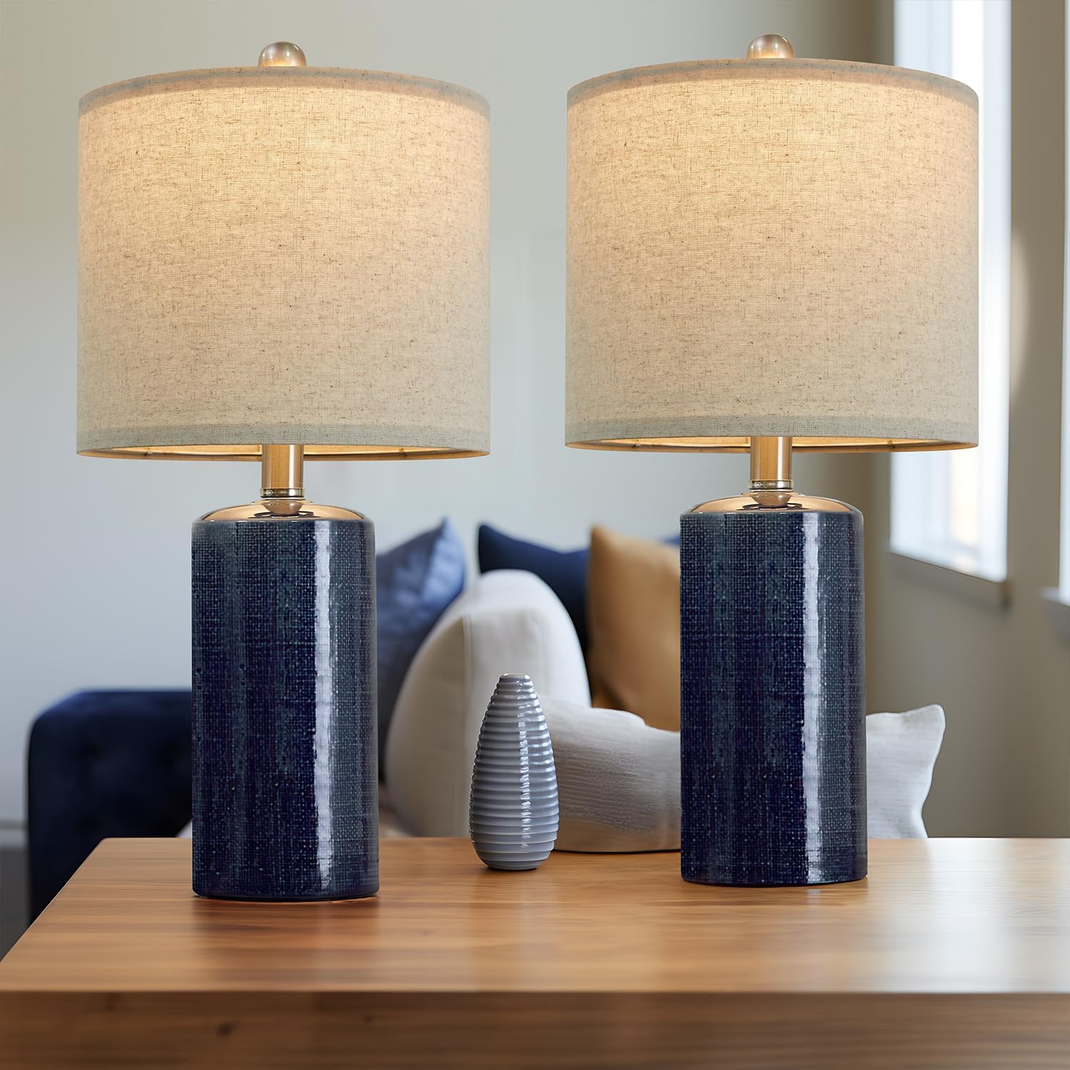 20.25 Modern Ceramic Table lamp Set of 2 Small Farmhouse Bedside lamp Dark Blue Nightstand Lamp End Table Lamps for Living Room Bedroom Study Office