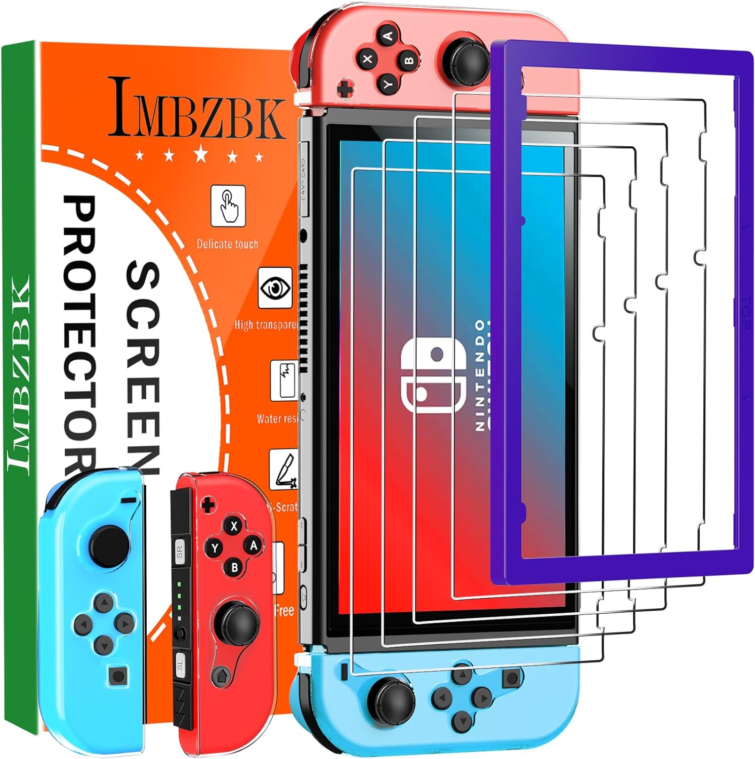 IMBZBK 4 Pack Screen Protector for Nintendo Switch 2017 Tempered Glass Accessories with 2 Pack TPU Nintendo Switch Controller Case Cover, Full Coverage