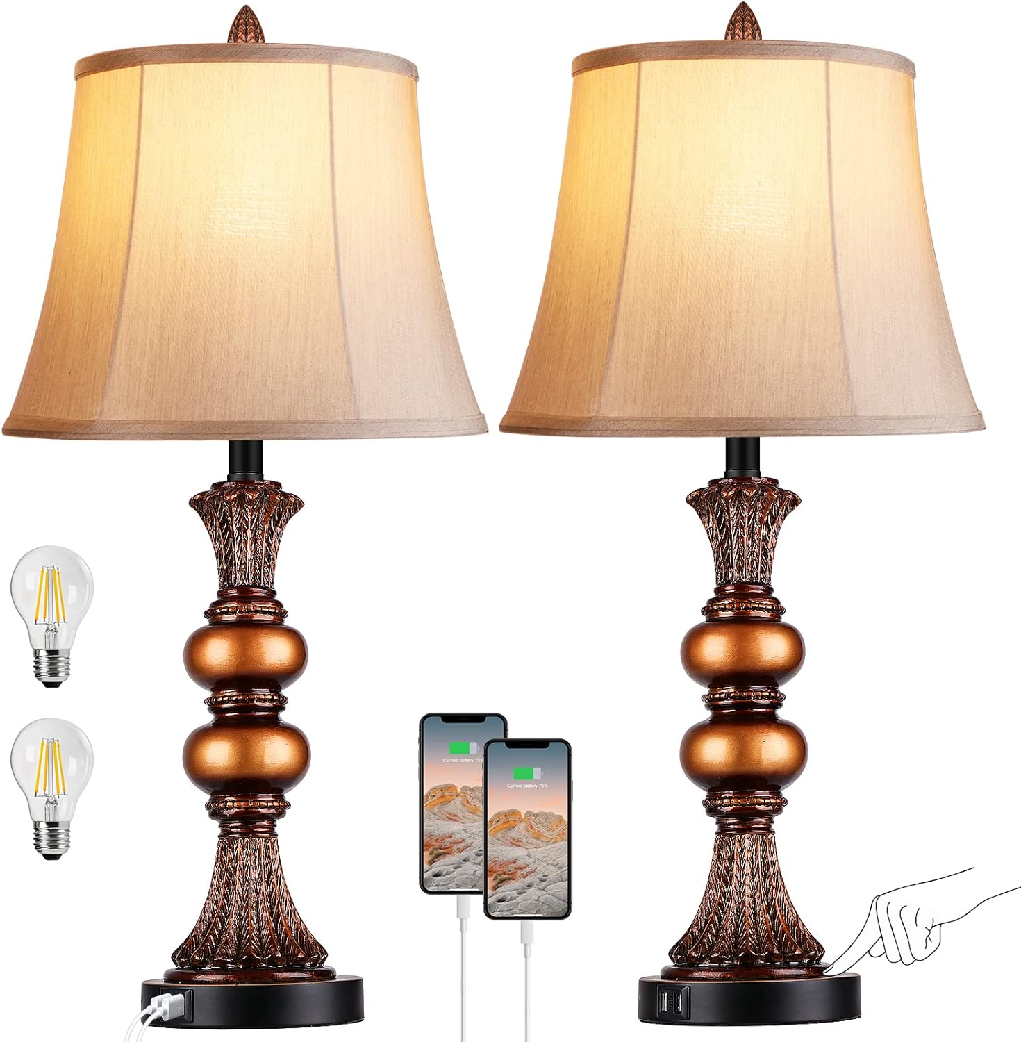 Set of 2 Touch Control Traditional Table Lamp, 27H Bedside Lamps with 2 USB Charging Ports, 3-Way Dimmable Bronze Finish Large Nightstand Lamps with Bell Faux Silk Shade for Living Room, Bedroom